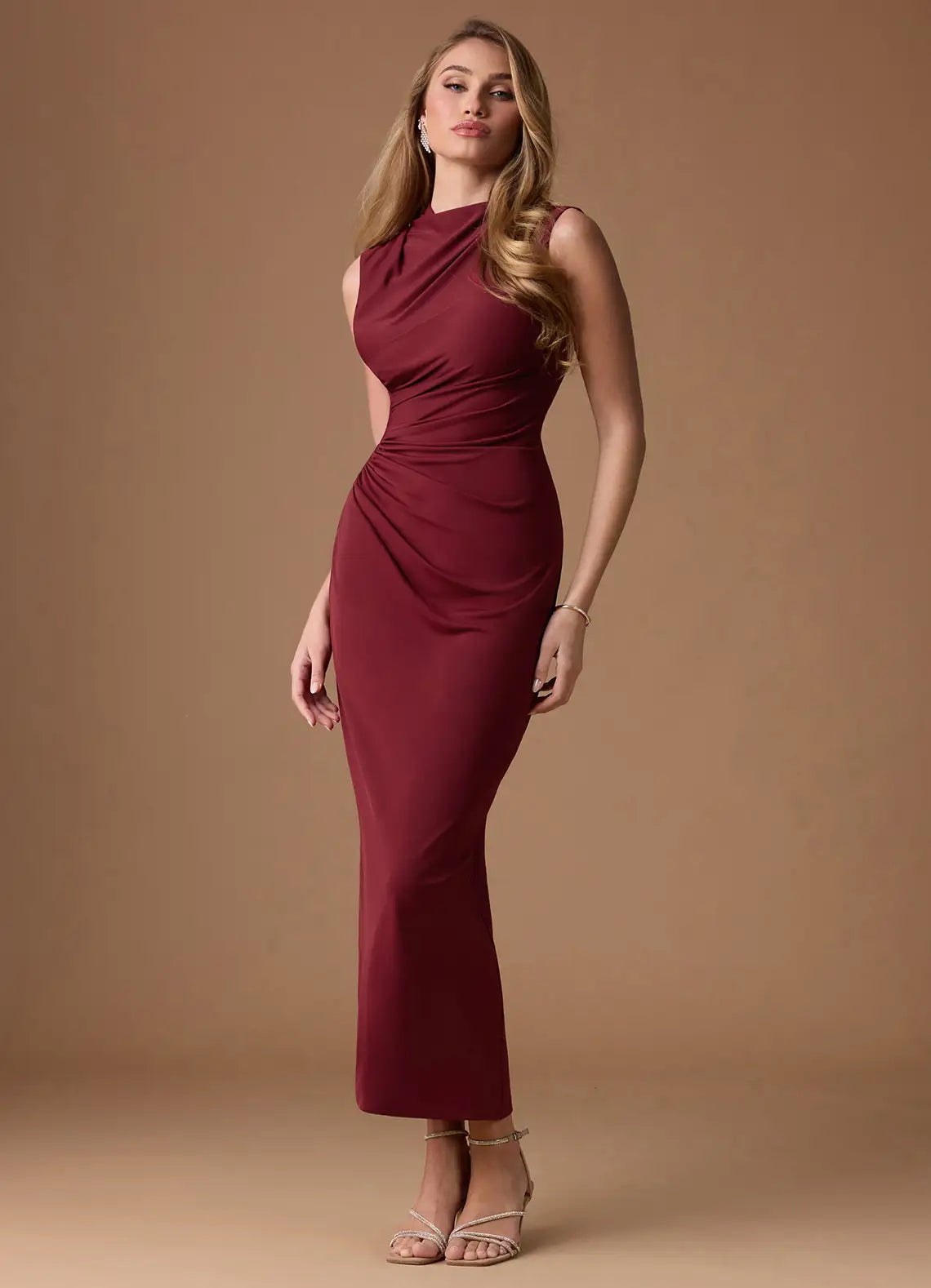 Burgundy Sleeveless Mock Neck Side Ruched Split Midi Wedding Guest Dress