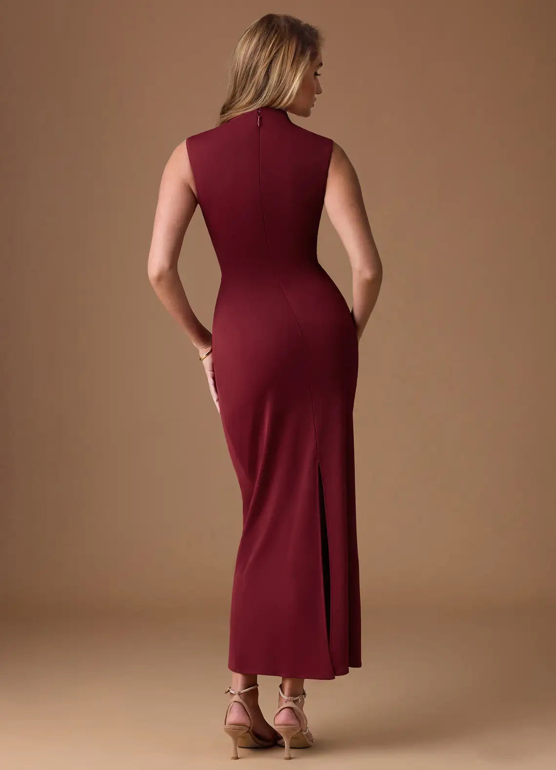 Burgundy Sleeveless Mock Neck Side Ruched Split Midi Wedding Guest Dress