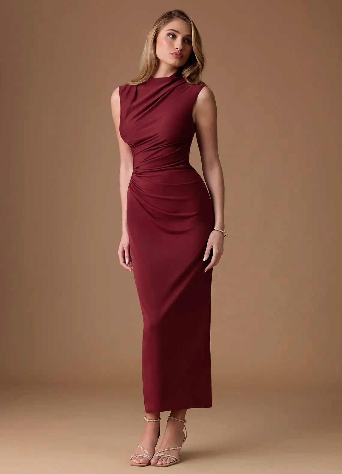 Burgundy Sleeveless Mock Neck Side Ruched Split Midi Wedding Guest Dress