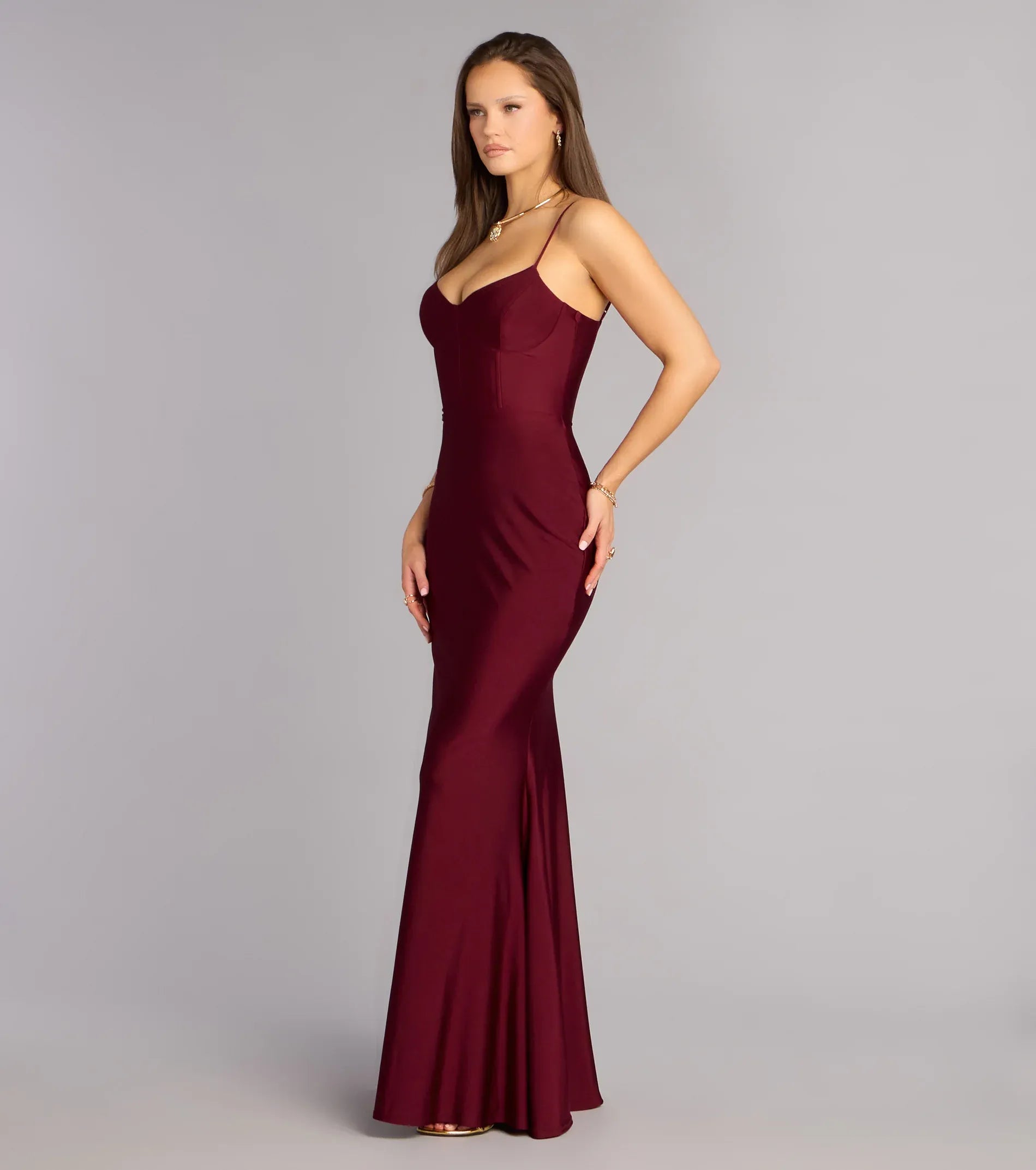 Burgundy Spaghetti Strap Corset Lace-Up Back Mermaid Maxi Homecoming Dresses