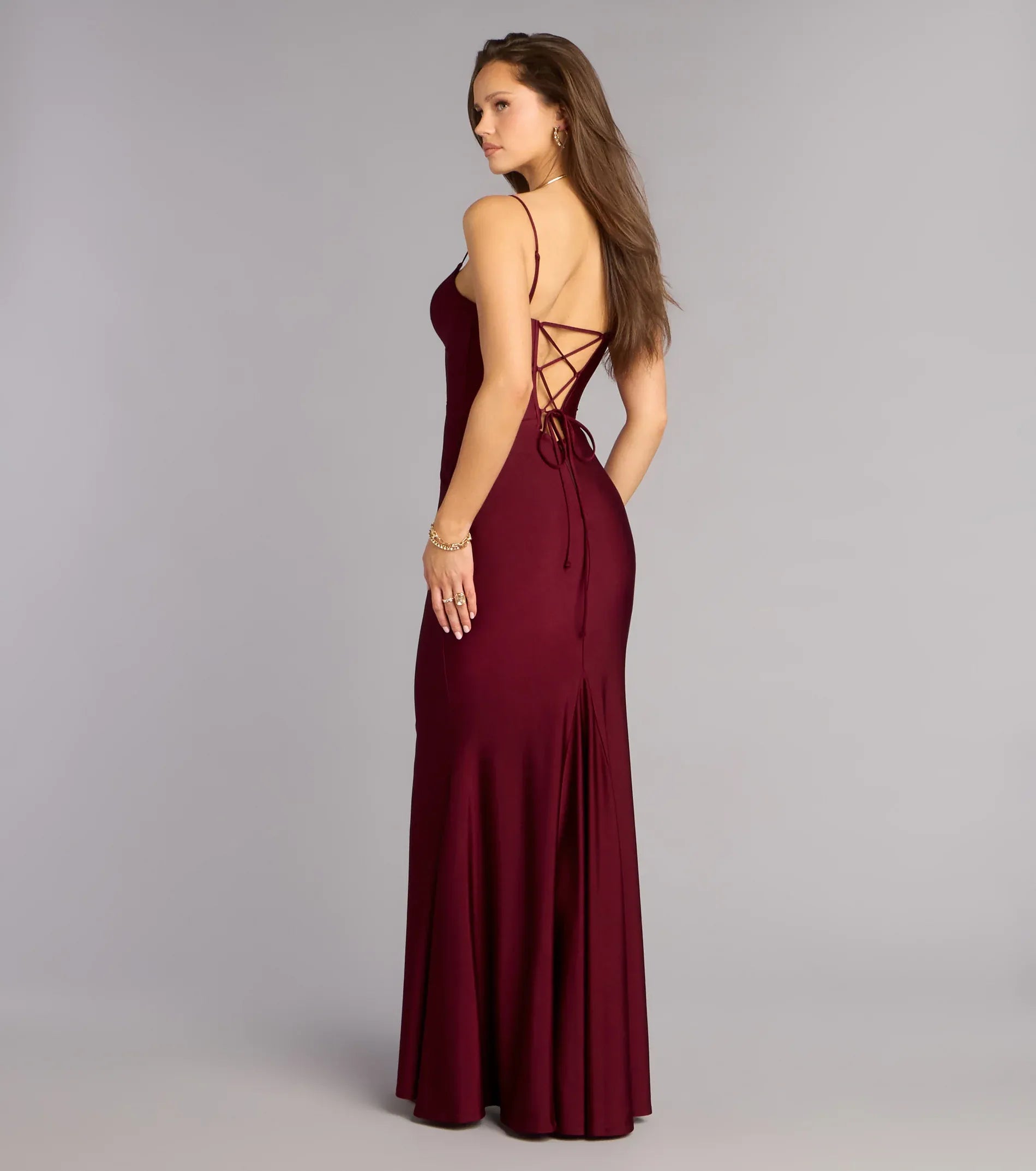 Burgundy Spaghetti Strap Corset Lace-Up Back Mermaid Maxi Homecoming Dresses