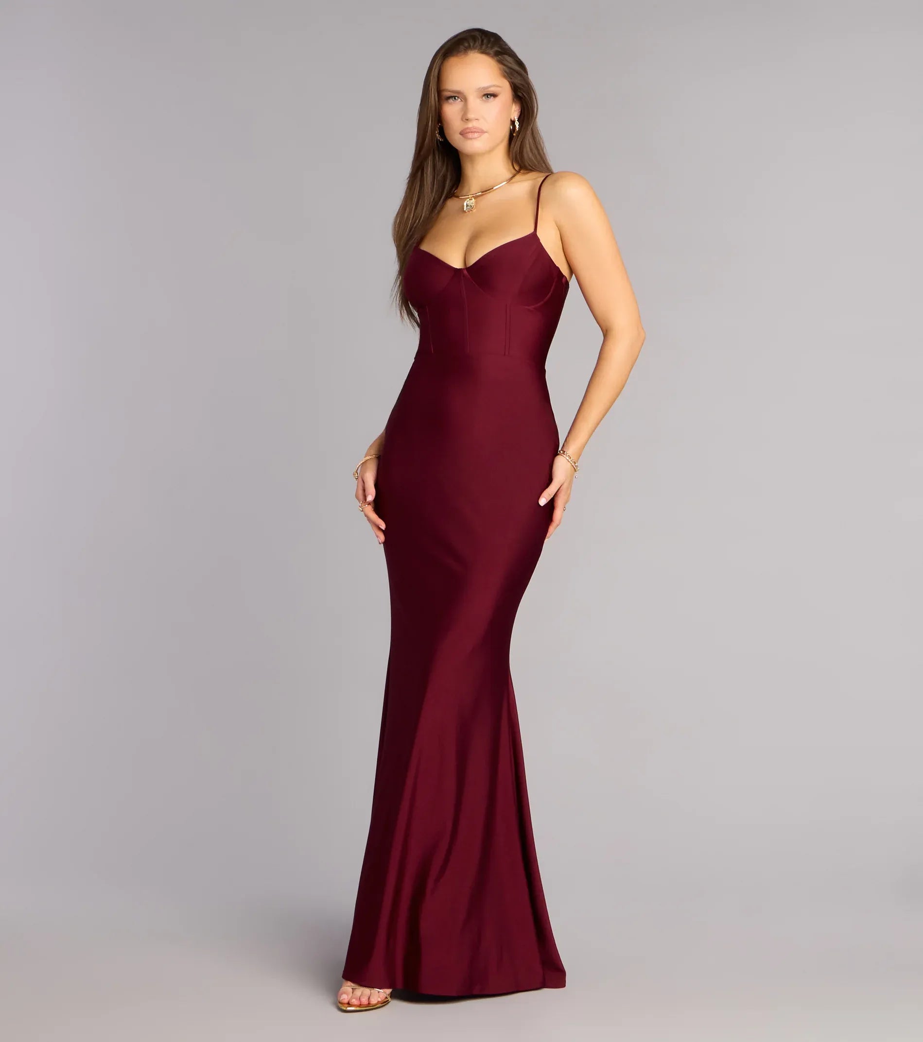 Burgundy Spaghetti Strap Corset Lace-Up Back Mermaid Maxi Homecoming Dresses