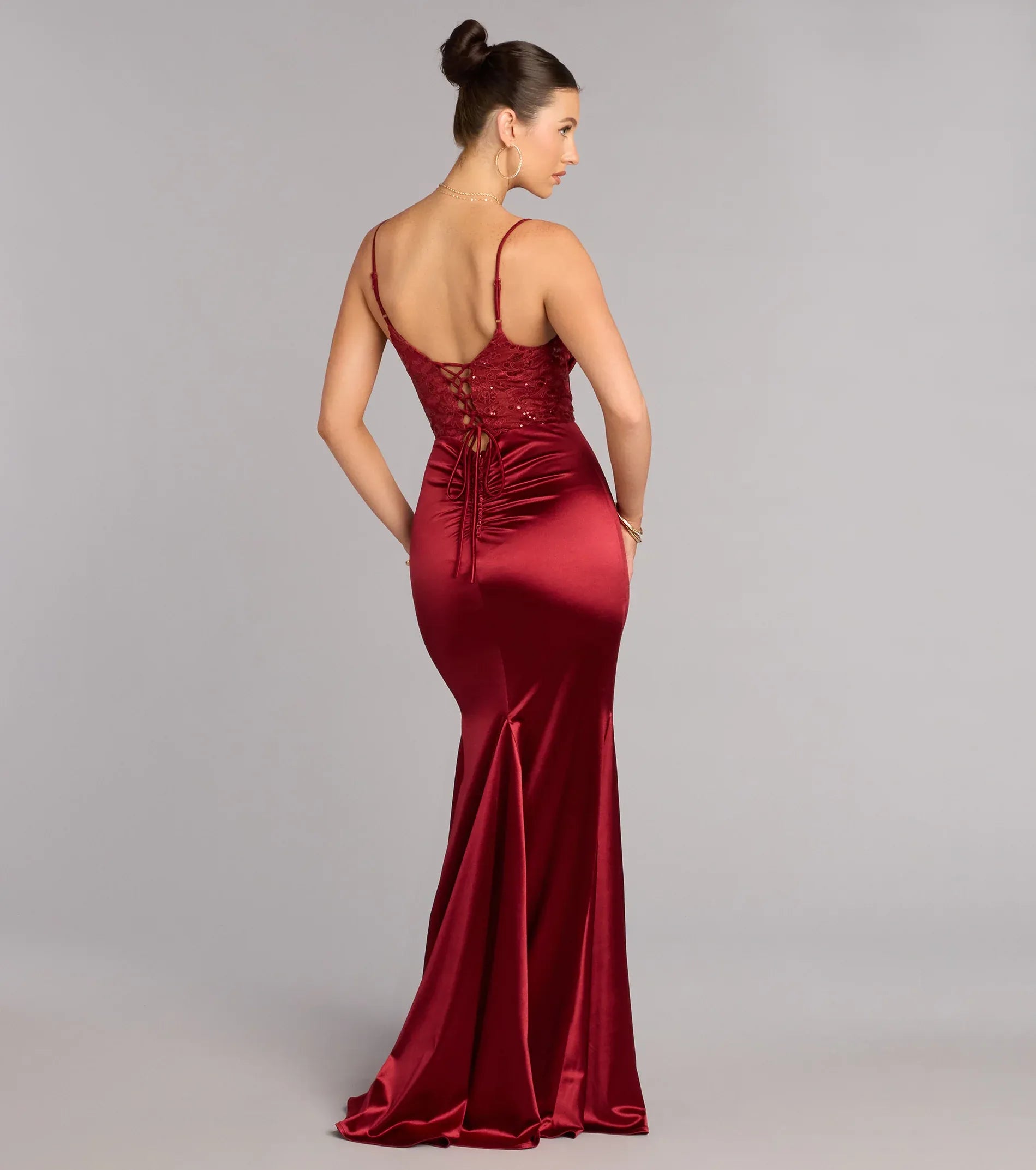 Burgundy Spaghetti Strap Cowl Lace Corset Lace Up Mermaid Maxi Wedding Guest Dress