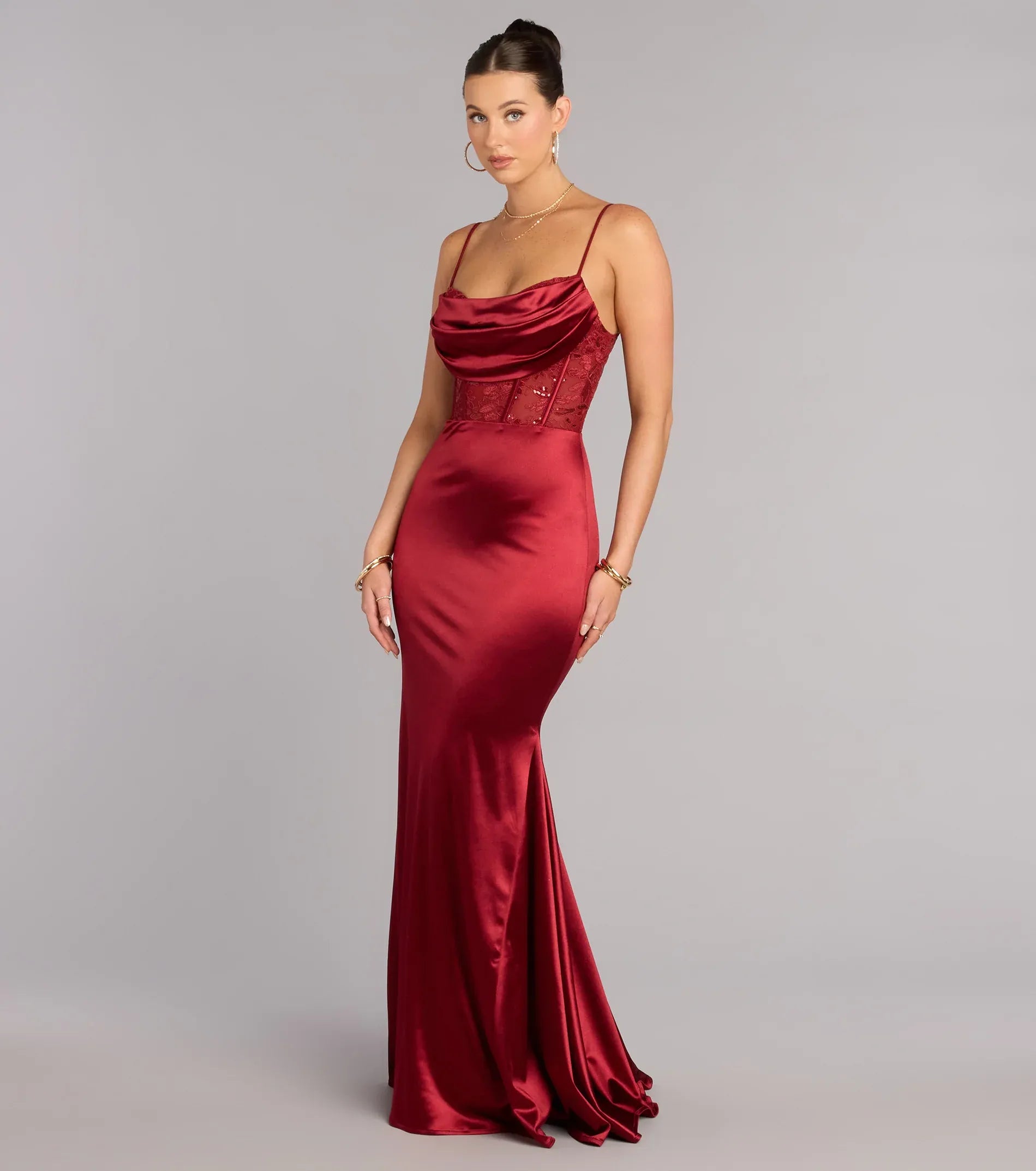 Burgundy Spaghetti Strap Cowl Lace Corset Lace Up Mermaid Maxi Wedding Guest Dress