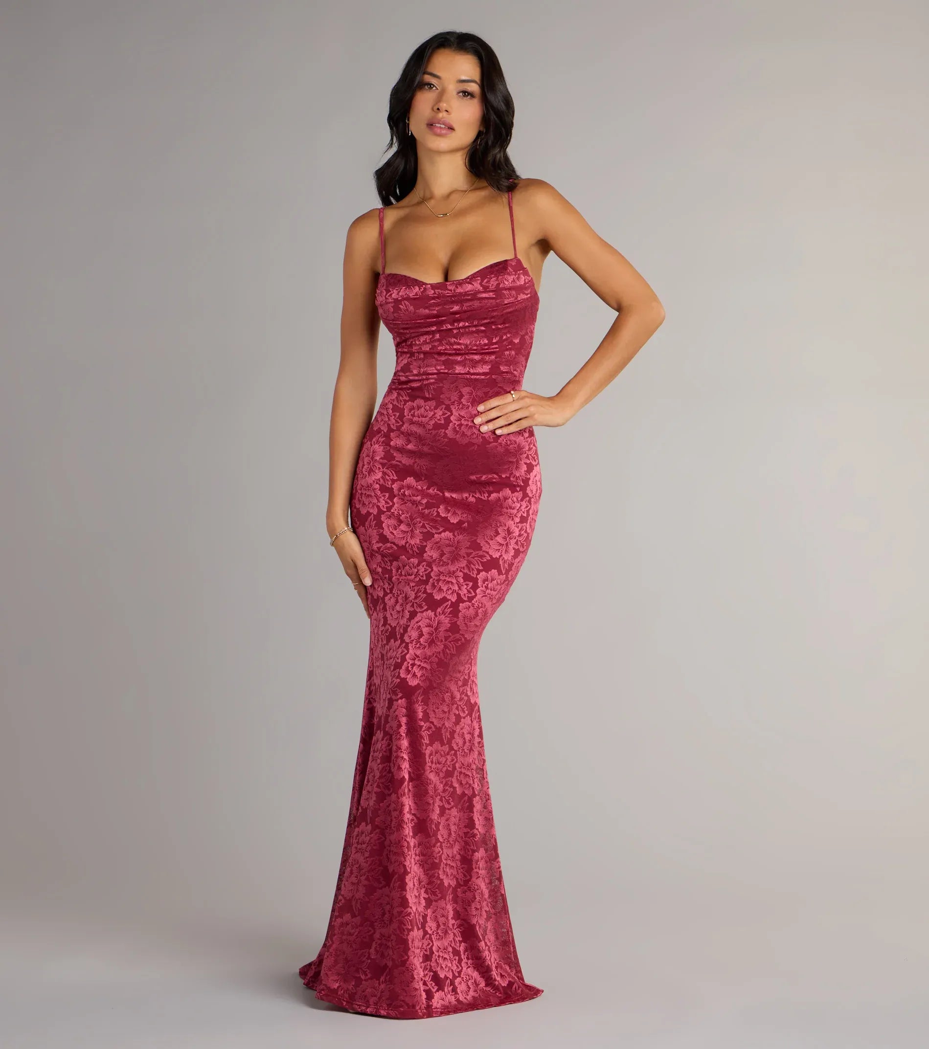Burgundy Spaghetti Strap Cowl Low Back Floral Lace Mermaid Maxi Wedding Guest Dress