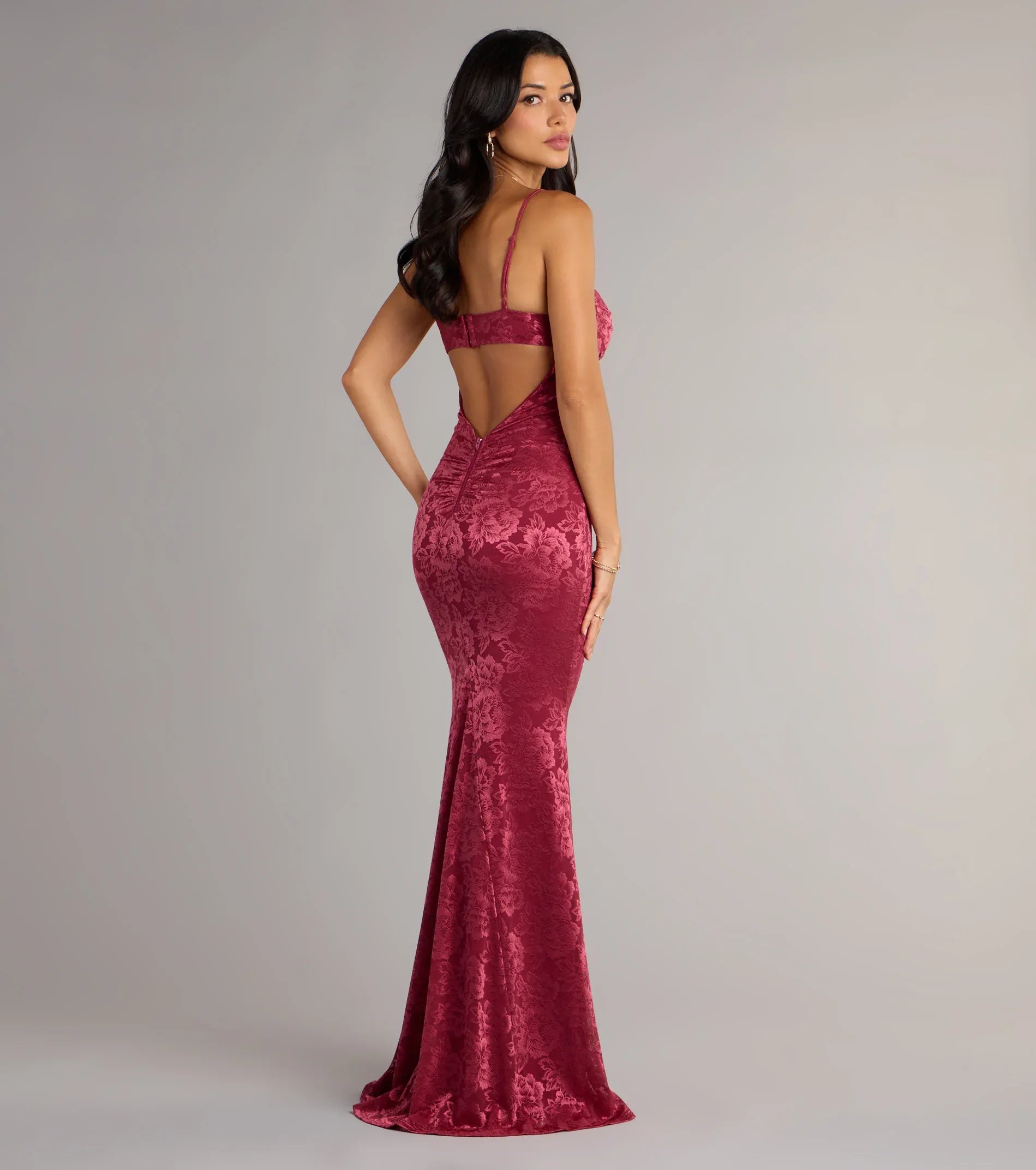 Burgundy Spaghetti Strap Cowl Low Back Floral Lace Mermaid Maxi Wedding Guest Dress