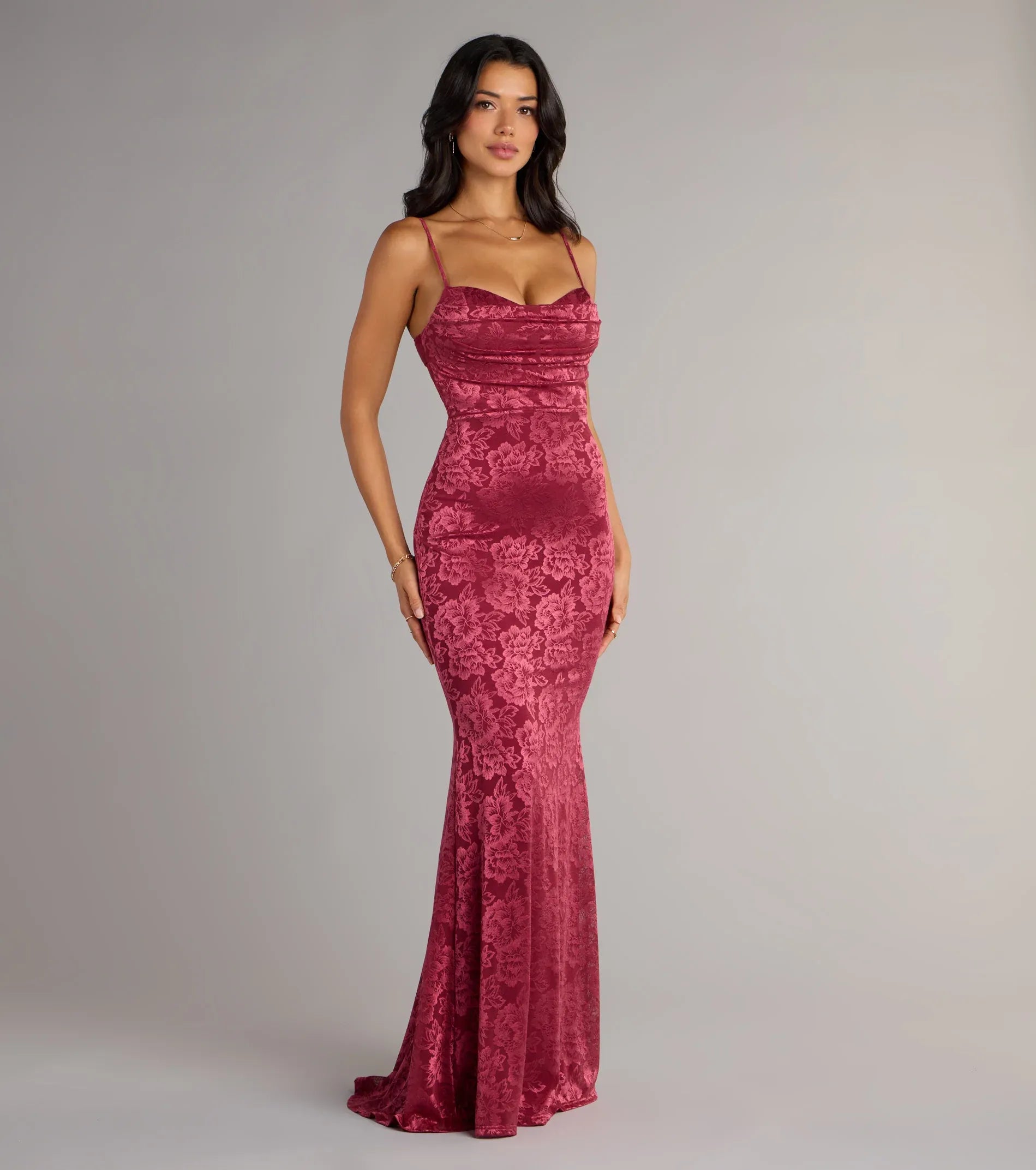 Burgundy Spaghetti Strap Cowl Low Back Floral Lace Mermaid Maxi Wedding Guest Dress