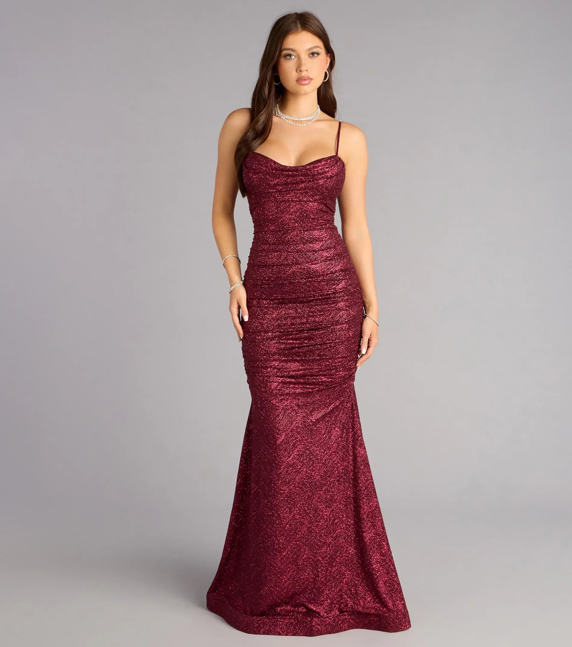Burgundy Spaghetti Strap Cowl Ruched Glitter Mermaid Maxi Wedding Guest Dress