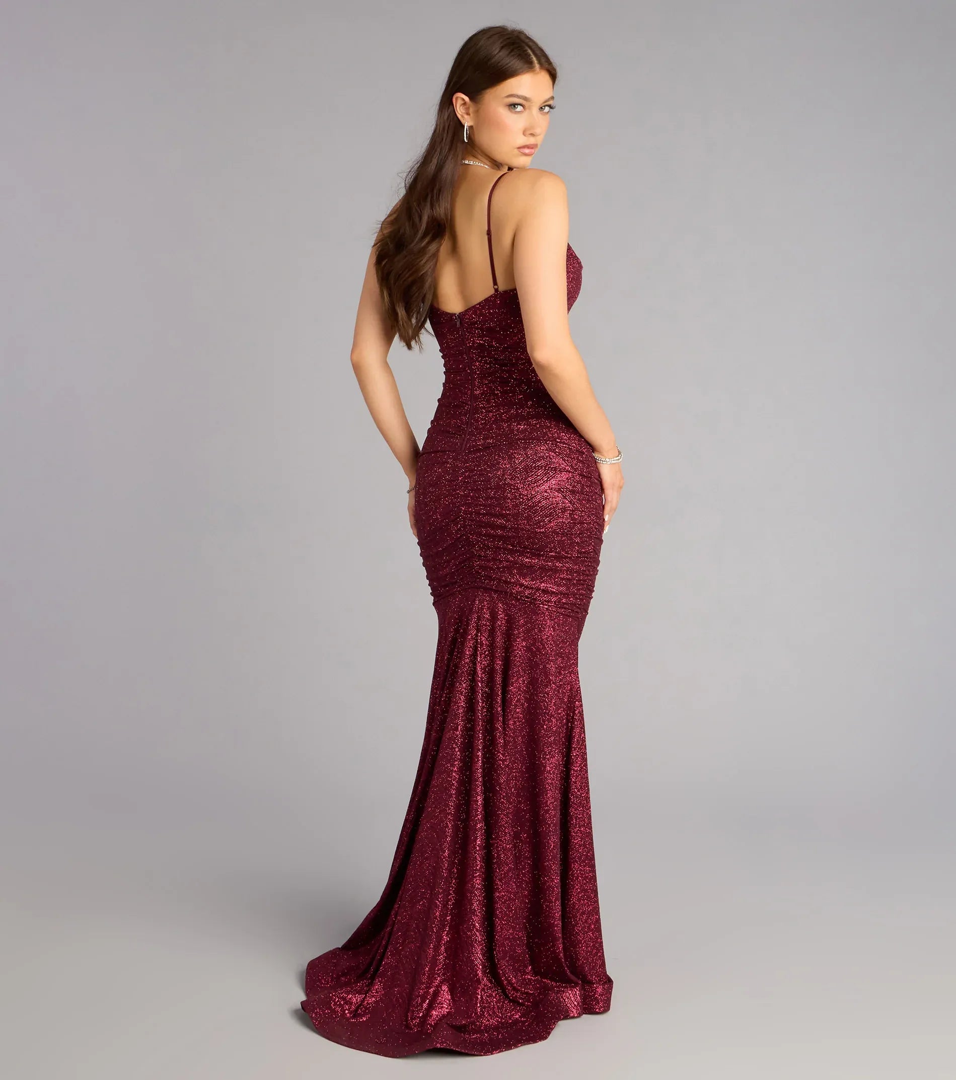 Burgundy Spaghetti Strap Cowl Ruched Glitter Mermaid Maxi Wedding Guest Dress