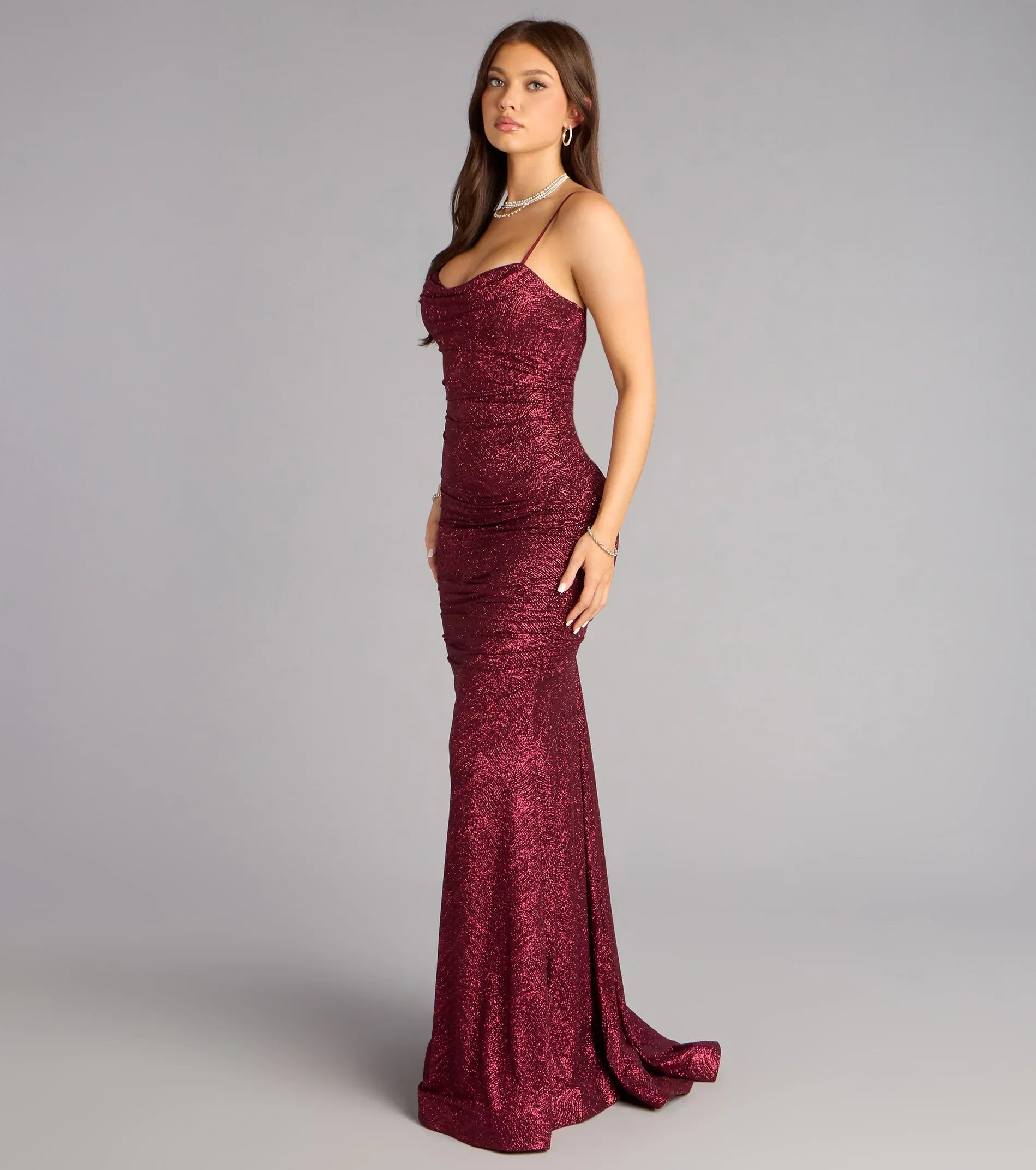 Burgundy Spaghetti Strap Cowl Ruched Glitter Mermaid Maxi Wedding Guest Dress