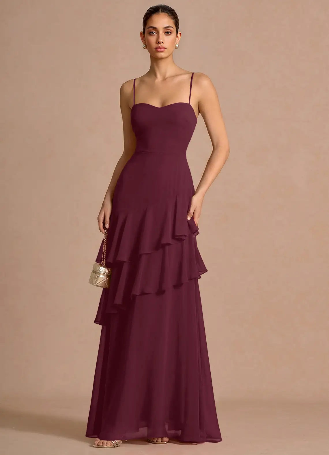 Burgundy Spaghetti Strap Sweetheart Tiered Ruffle Lace Up Back Maxi Wedding Guest Dress