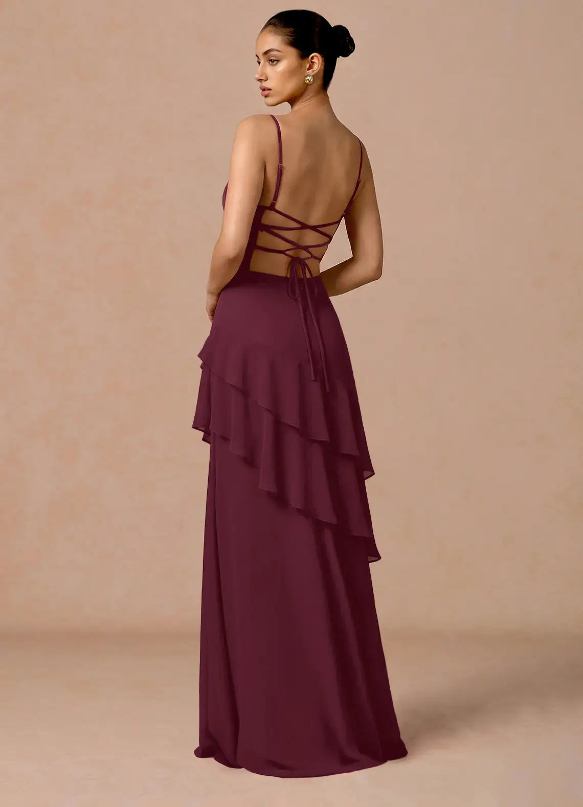Burgundy Spaghetti Strap Sweetheart Tiered Ruffle Lace Up Back Maxi Wedding Guest Dress