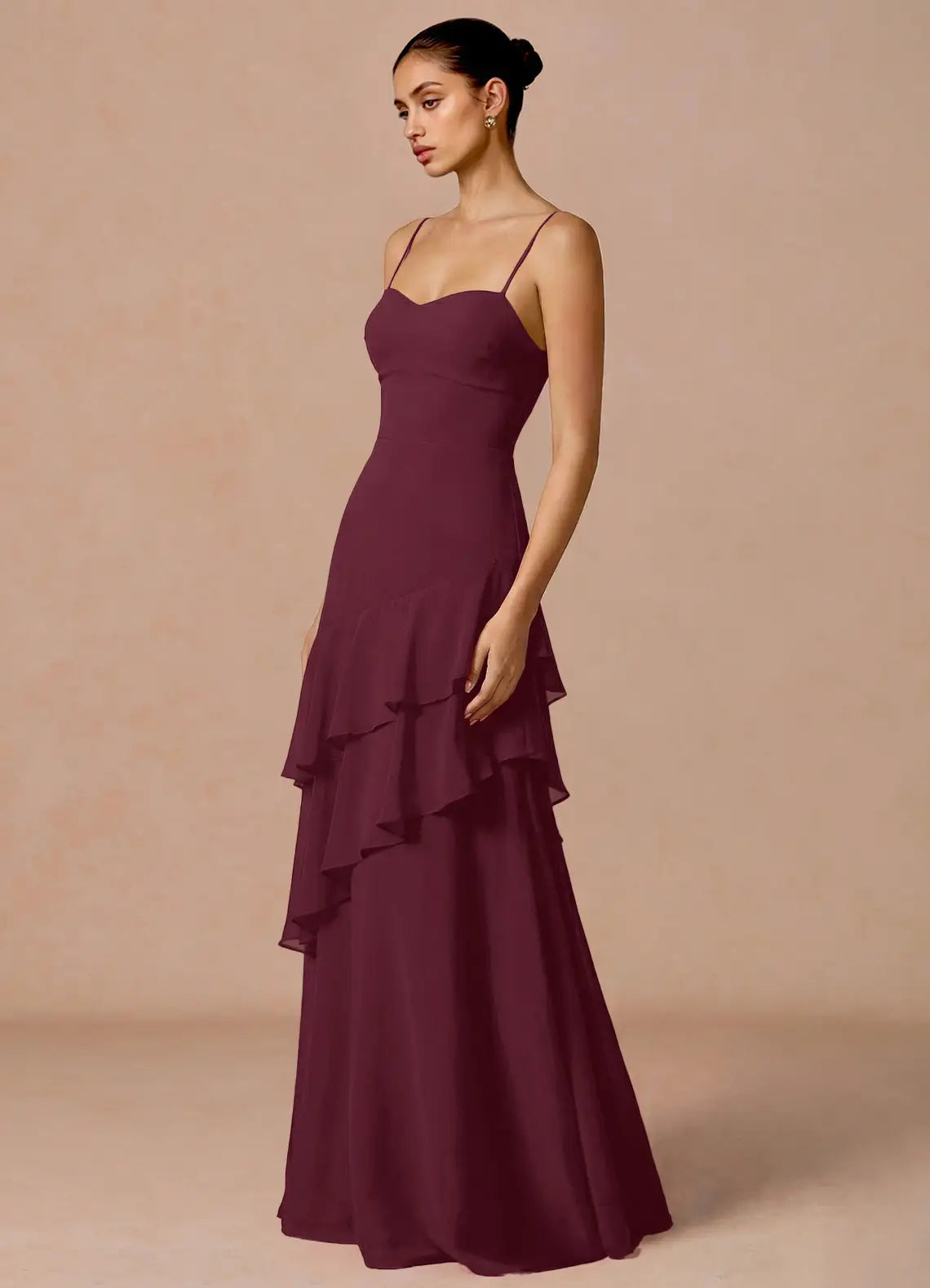 Burgundy Spaghetti Strap Sweetheart Tiered Ruffle Lace Up Back Maxi Wedding Guest Dress