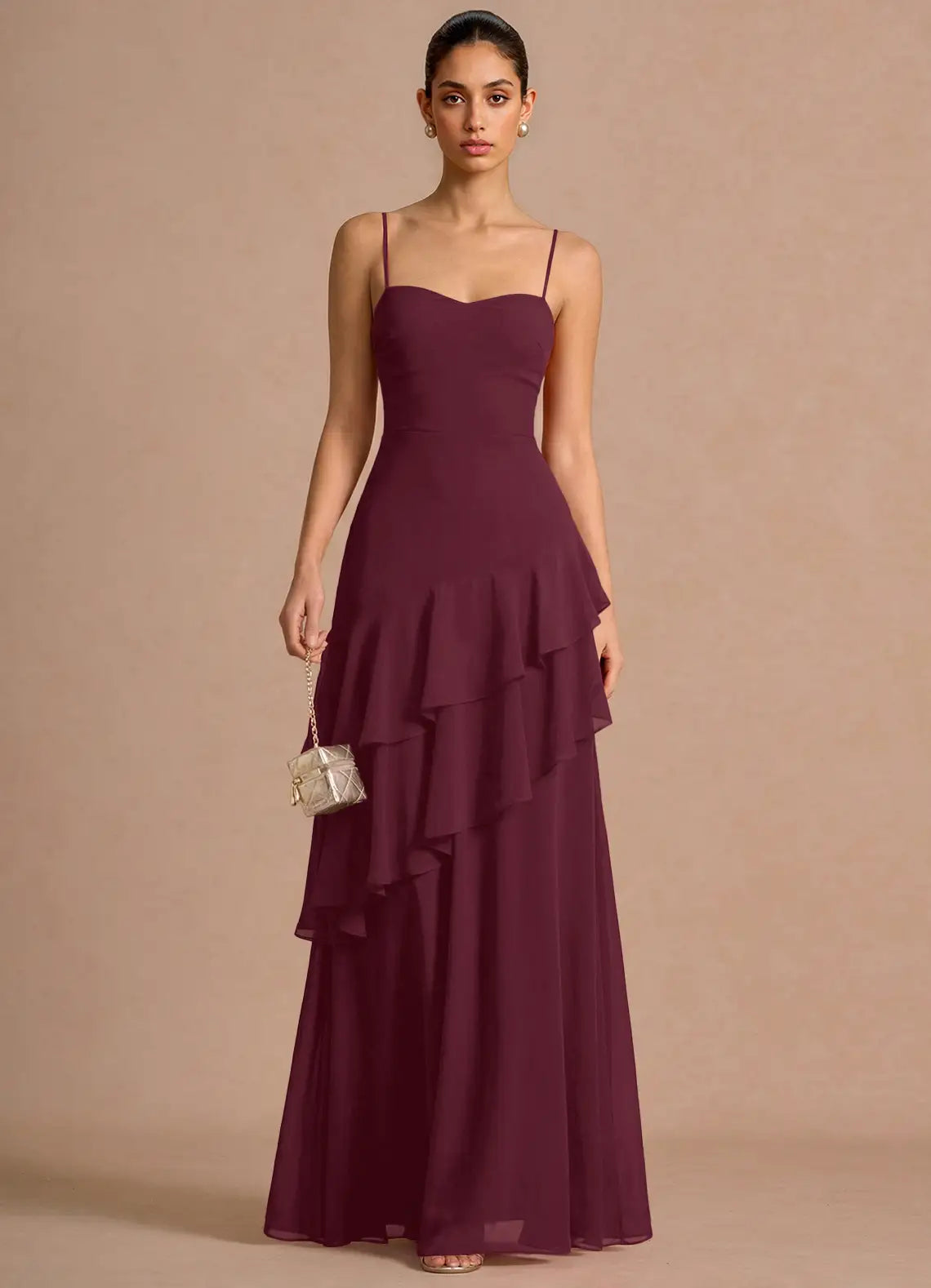Burgundy Spaghetti Strap Sweetheart Tiered Ruffle Lace Up Back Maxi Wedding Guest Dress