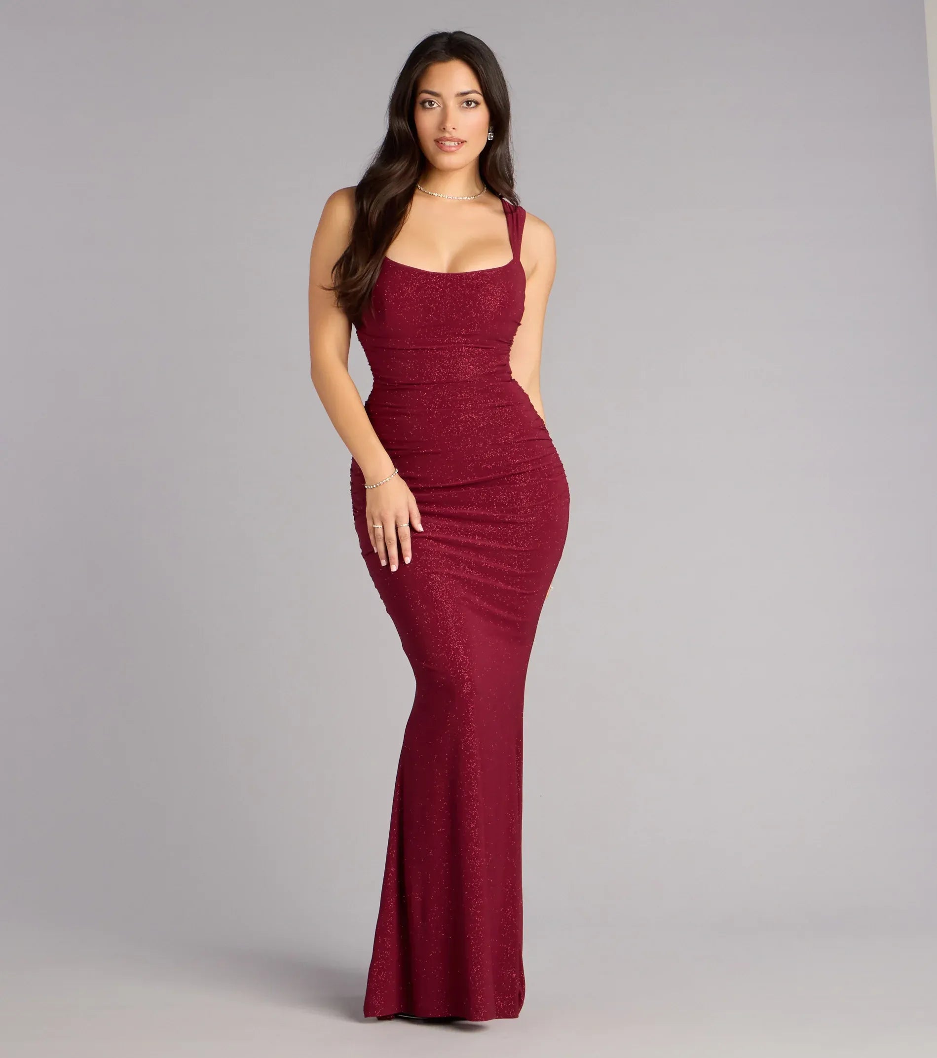 Burgundy Square Strap Lace-Up Back Ruched Glitter Mermaid Maxi Homecoming Dresses