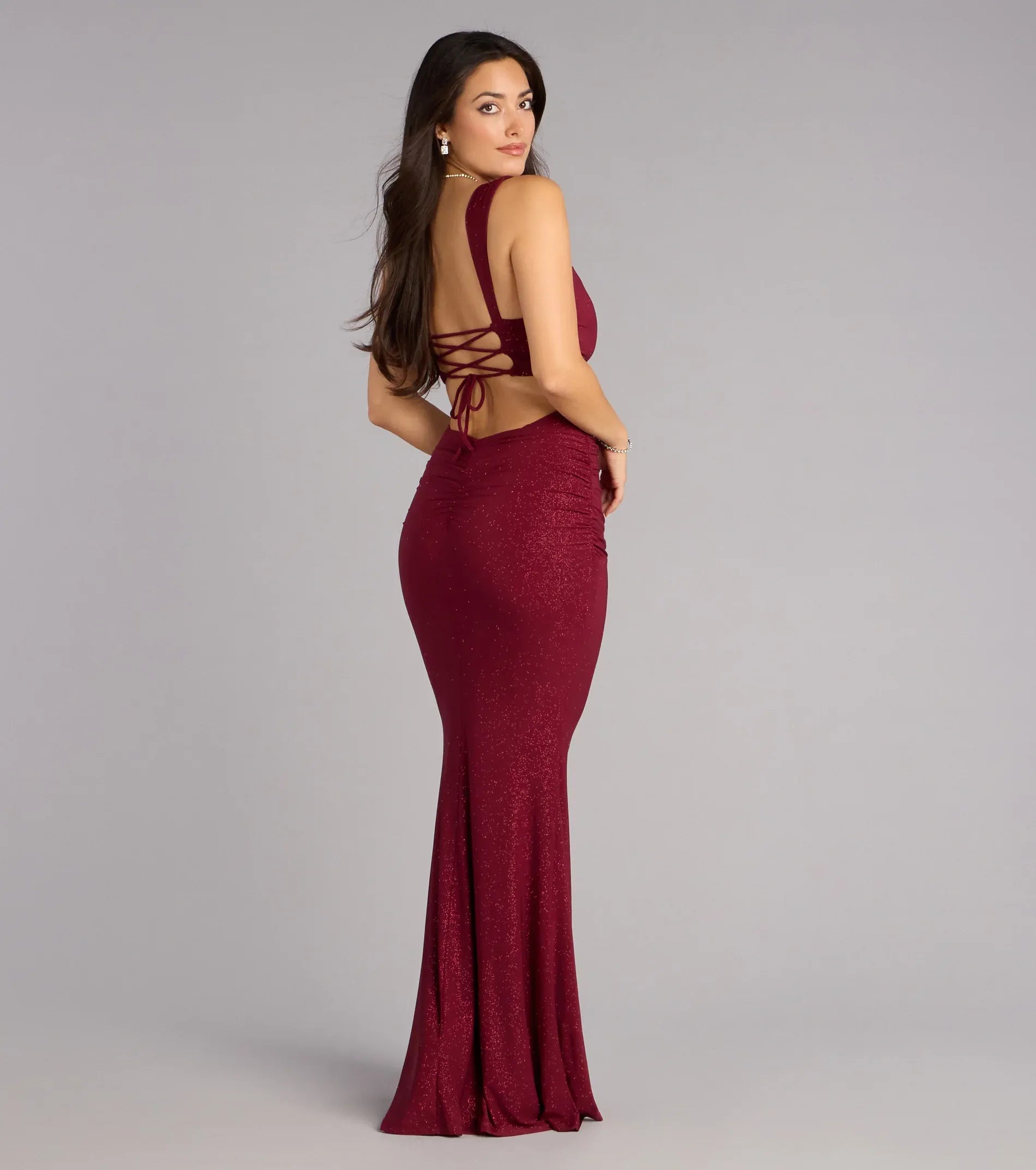 Burgundy Square Strap Lace-Up Back Ruched Glitter Mermaid Maxi Homecoming Dresses