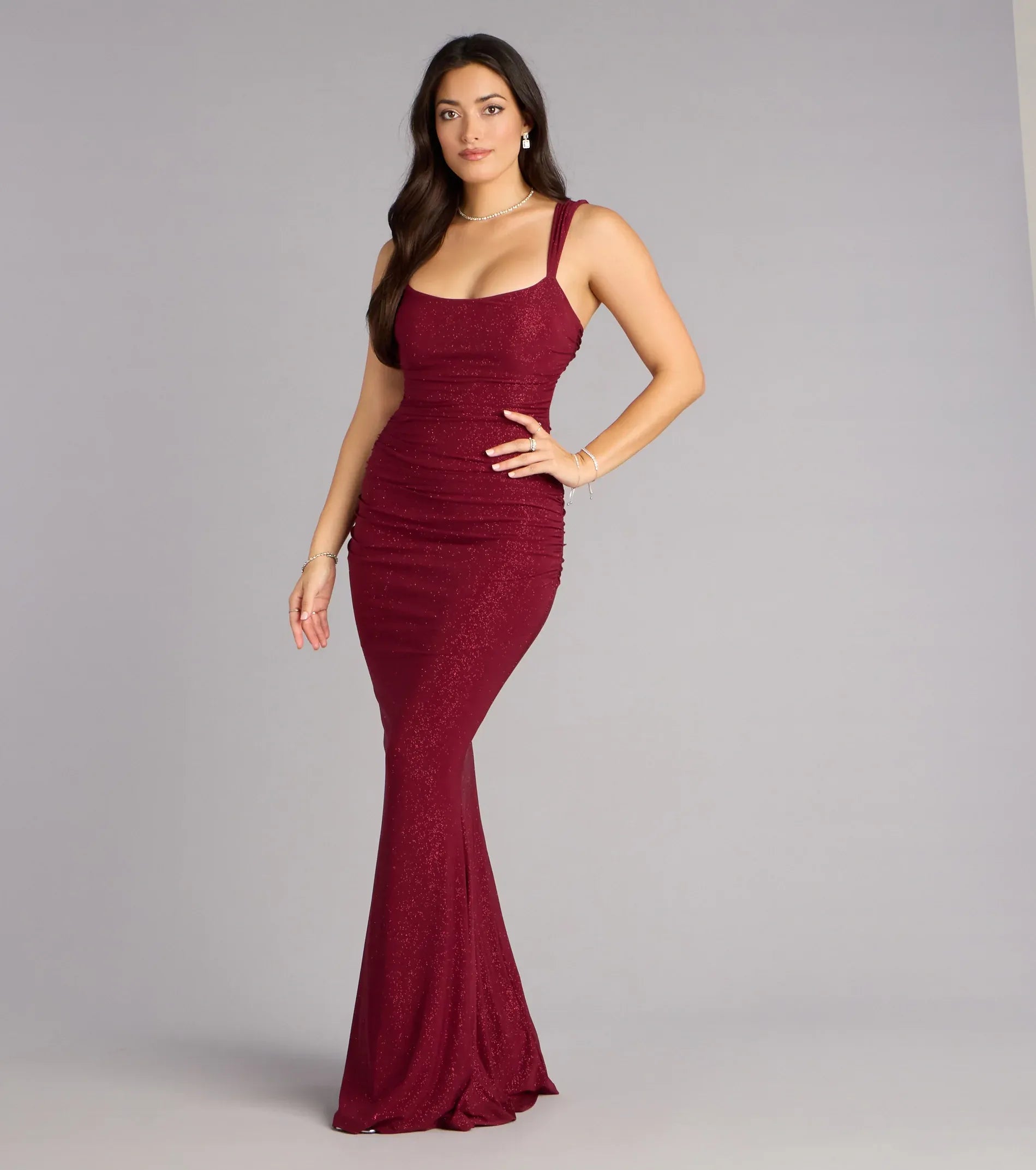 Burgundy Square Strap Lace-Up Back Ruched Glitter Mermaid Maxi Homecoming Dresses