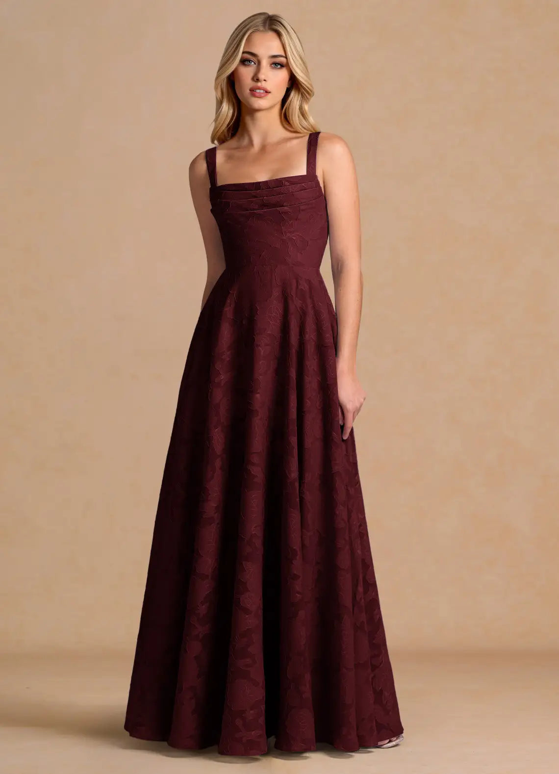 Burgundy Square Strap Pleated Floral Jacquard A-Line Maxi Wedding Guest Dress