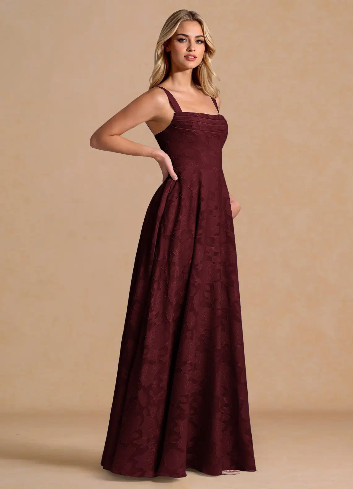 Burgundy Square Strap Pleated Floral Jacquard A-Line Maxi Wedding Guest Dress