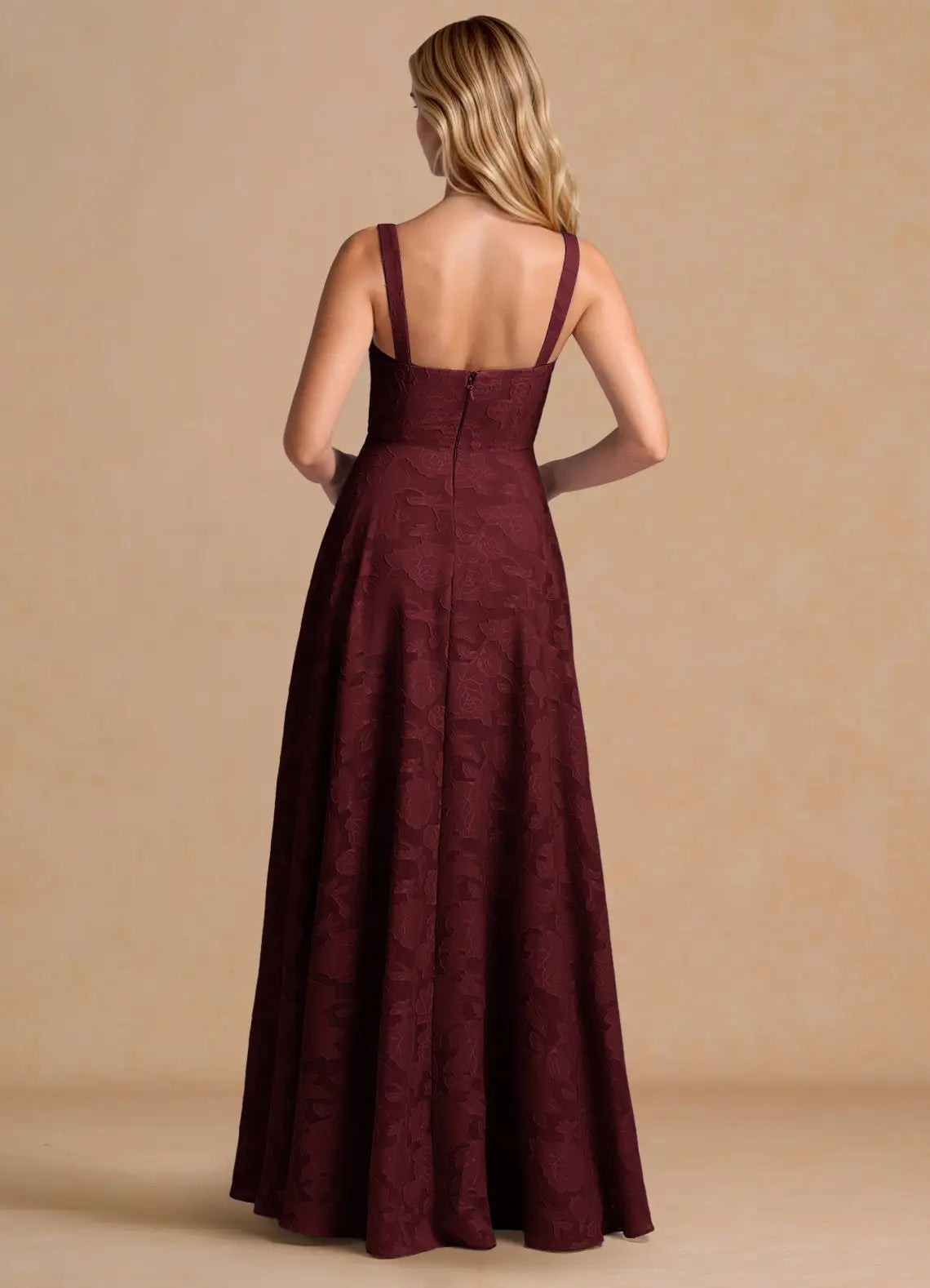 Burgundy Square Strap Pleated Floral Jacquard A-Line Maxi Wedding Guest Dress