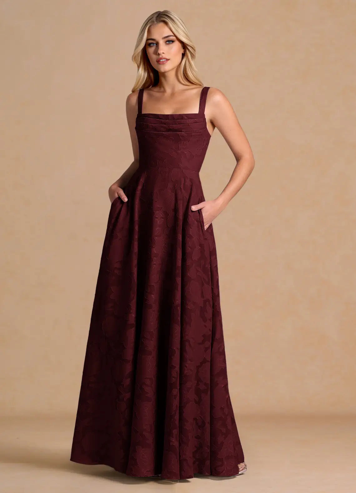 Burgundy Square Strap Pleated Floral Jacquard A-Line Maxi Wedding Guest Dress