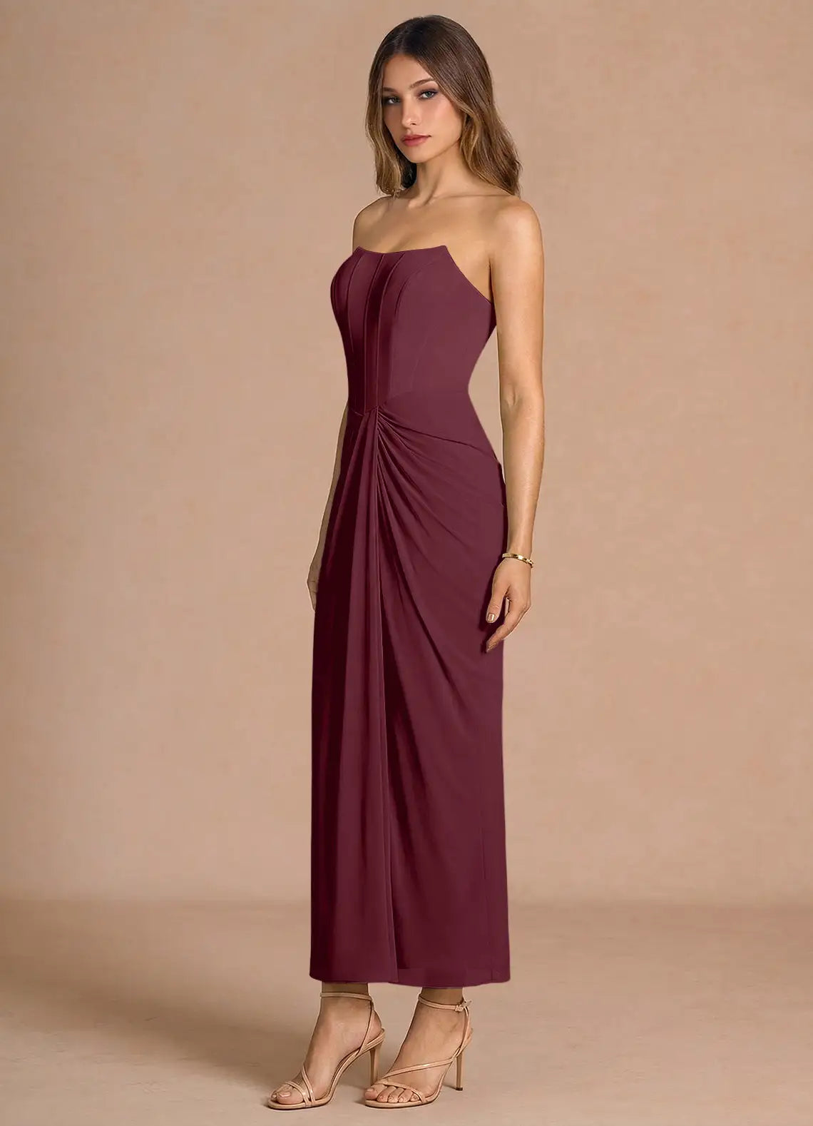Burgundy Strapless Corset Front Twist Midi Wedding Guest Dress