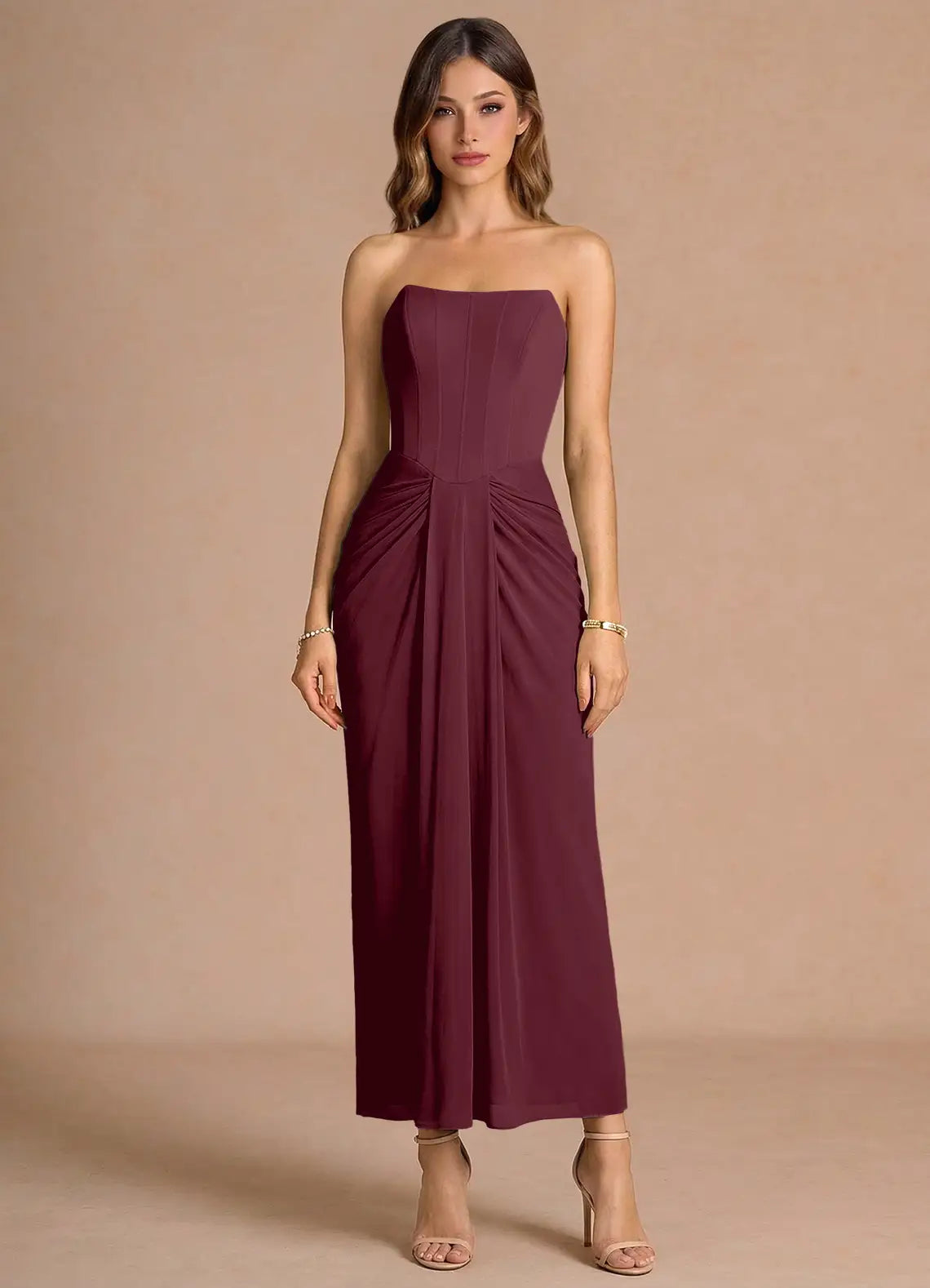 Burgundy Strapless Corset Front Twist Midi Wedding Guest Dress