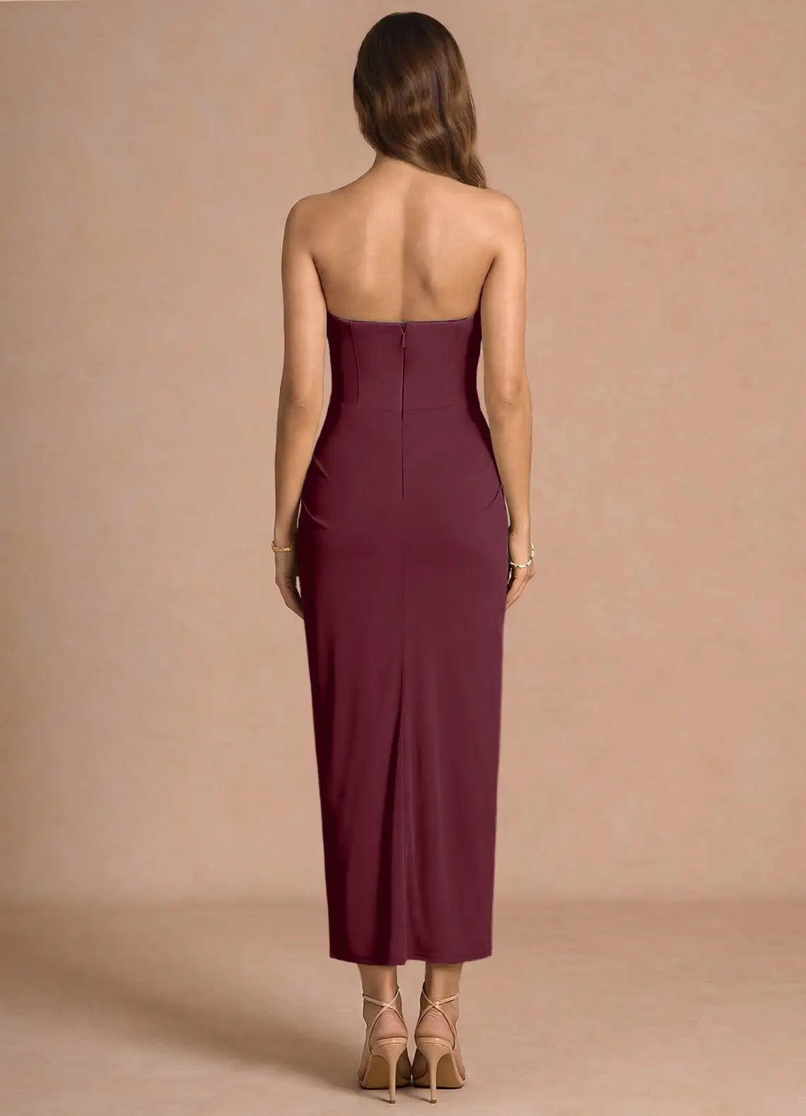 Burgundy Strapless Corset Front Twist Midi Wedding Guest Dress