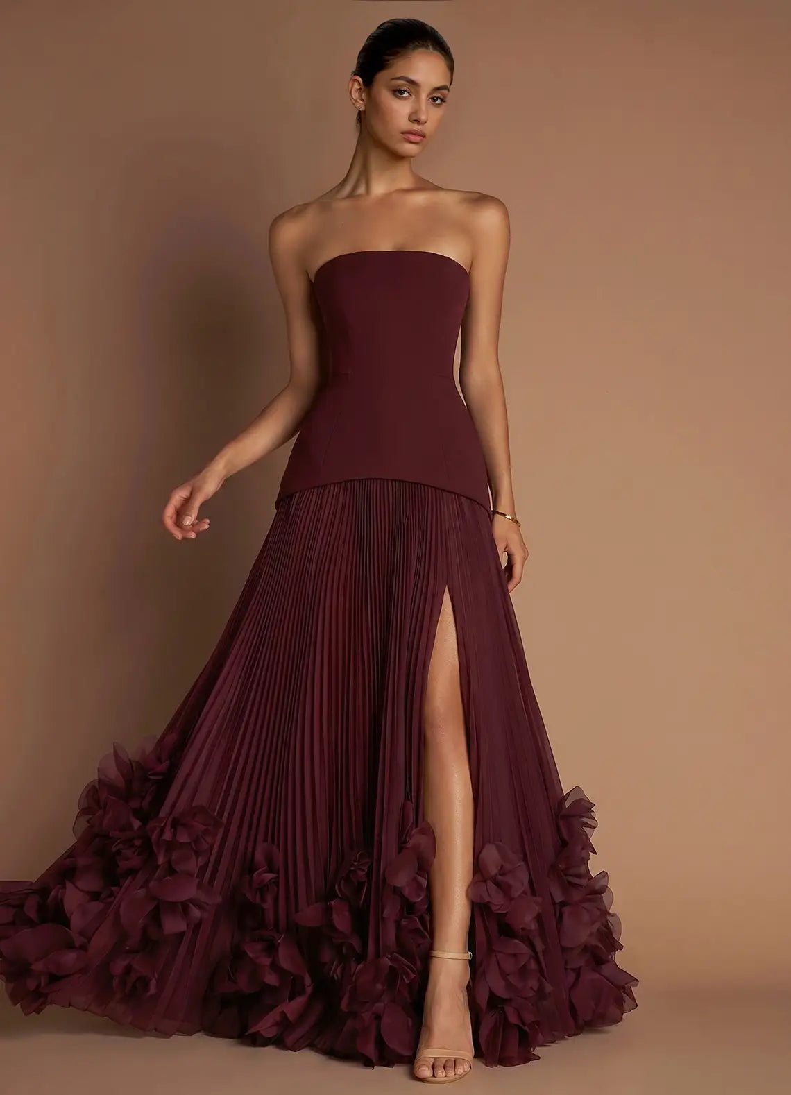 Burgundy Strapless Corset Pleated 3D Floral Slit Maxi Formal Gown