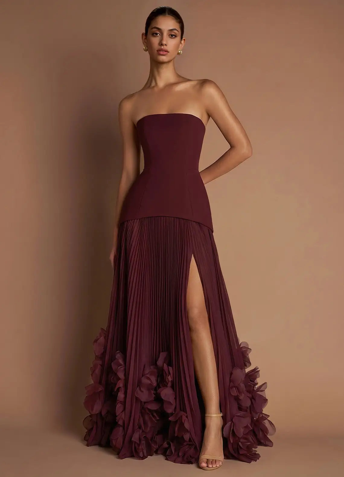 Burgundy Strapless Corset Pleated 3D Floral Slit Maxi Formal Gown