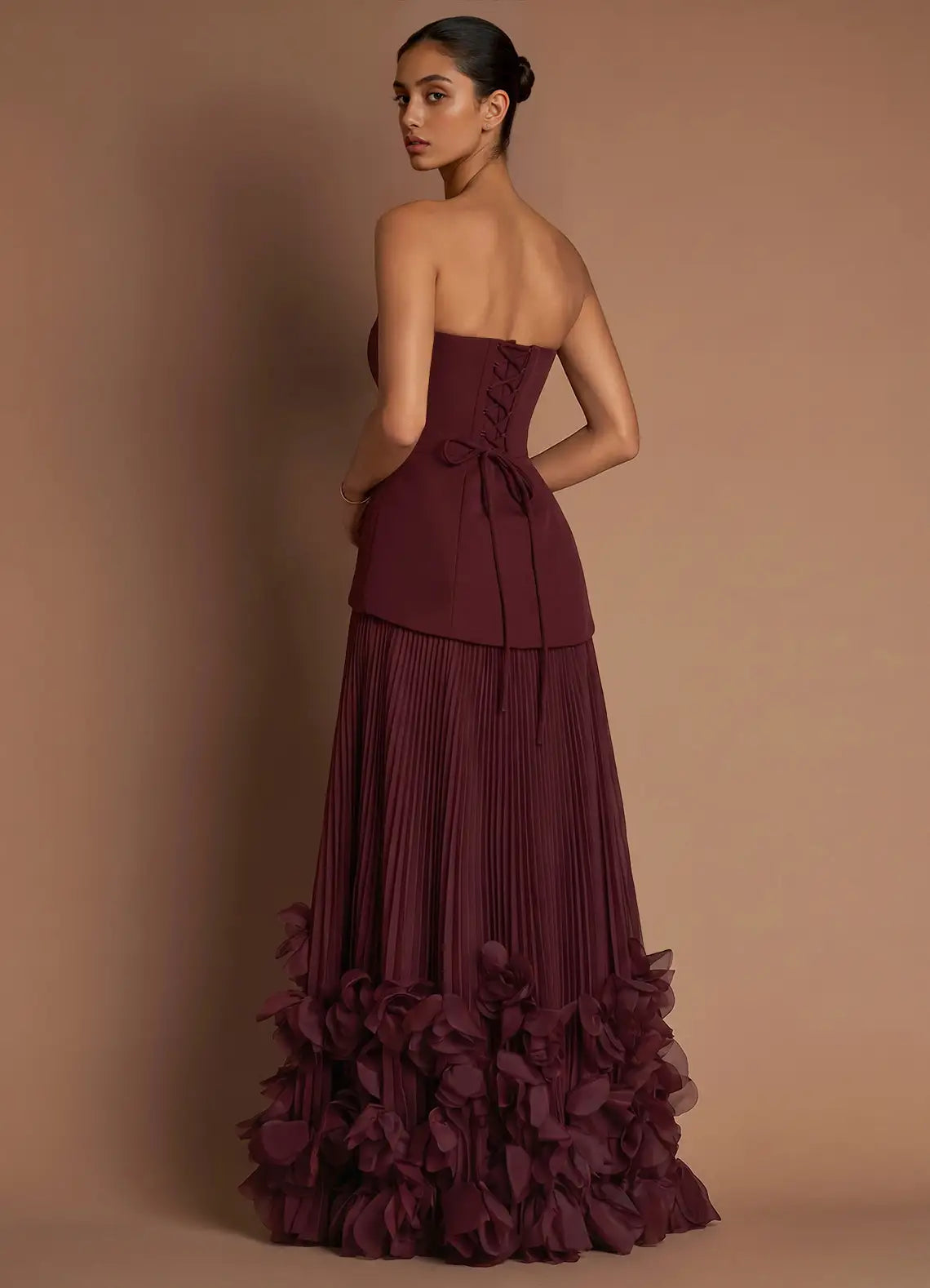 Burgundy Strapless Corset Pleated 3D Floral Slit Maxi Formal Gown