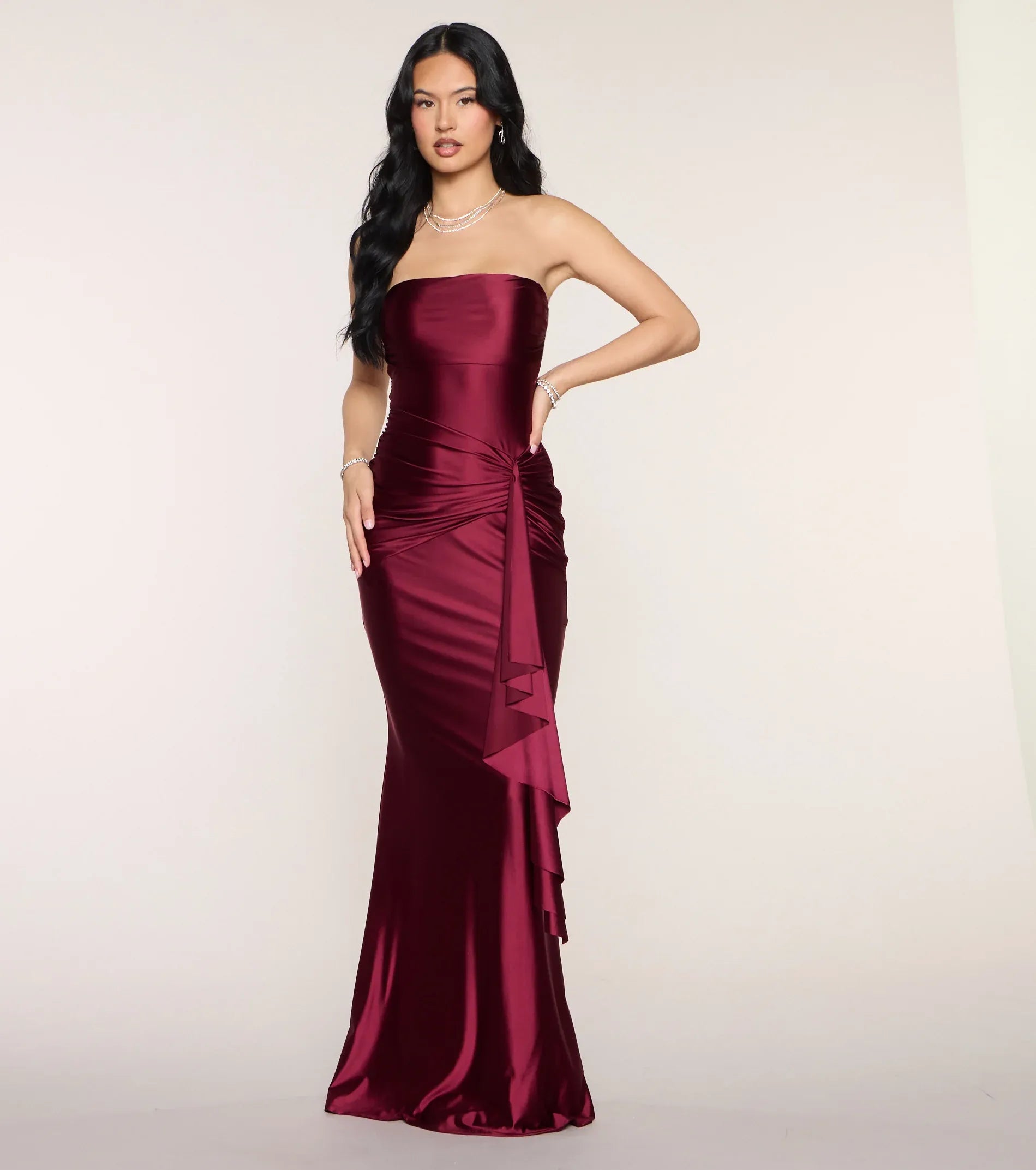 Burgundy Strapless Side Knot Ruffle Mermaid Maxi Wedding Guest Dress