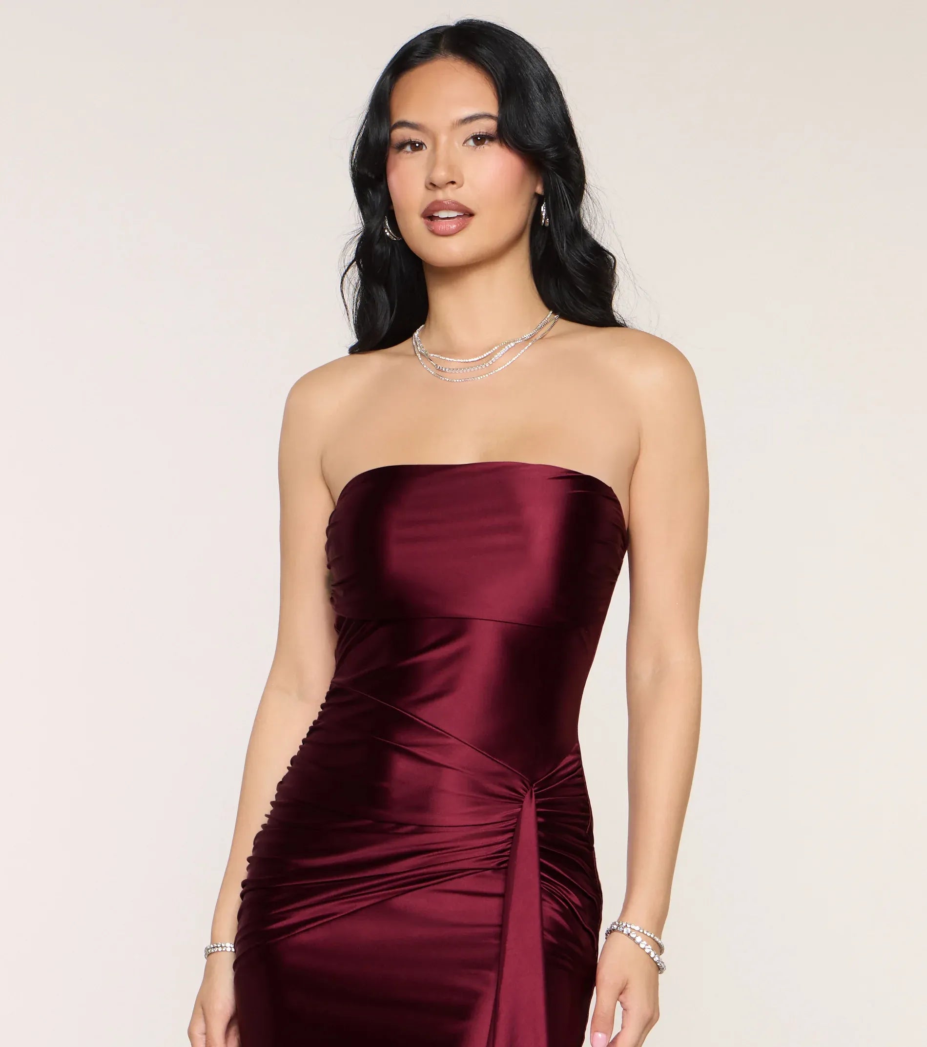 Burgundy Strapless Side Knot Ruffle Mermaid Maxi Wedding Guest Dress