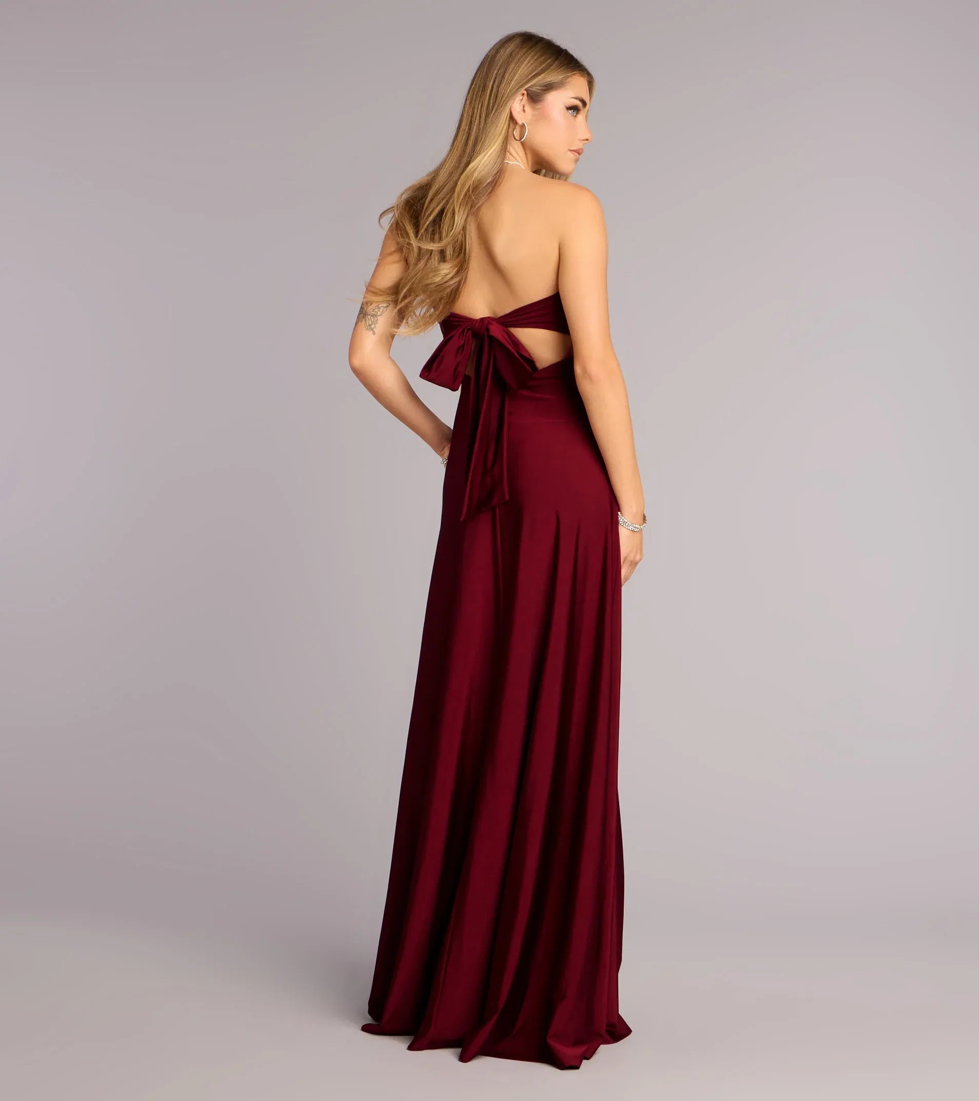Burgundy Strapless Twist Bust Bow Tie Back High Slit Satin Mermaid Maxi Wedding Guest Dress