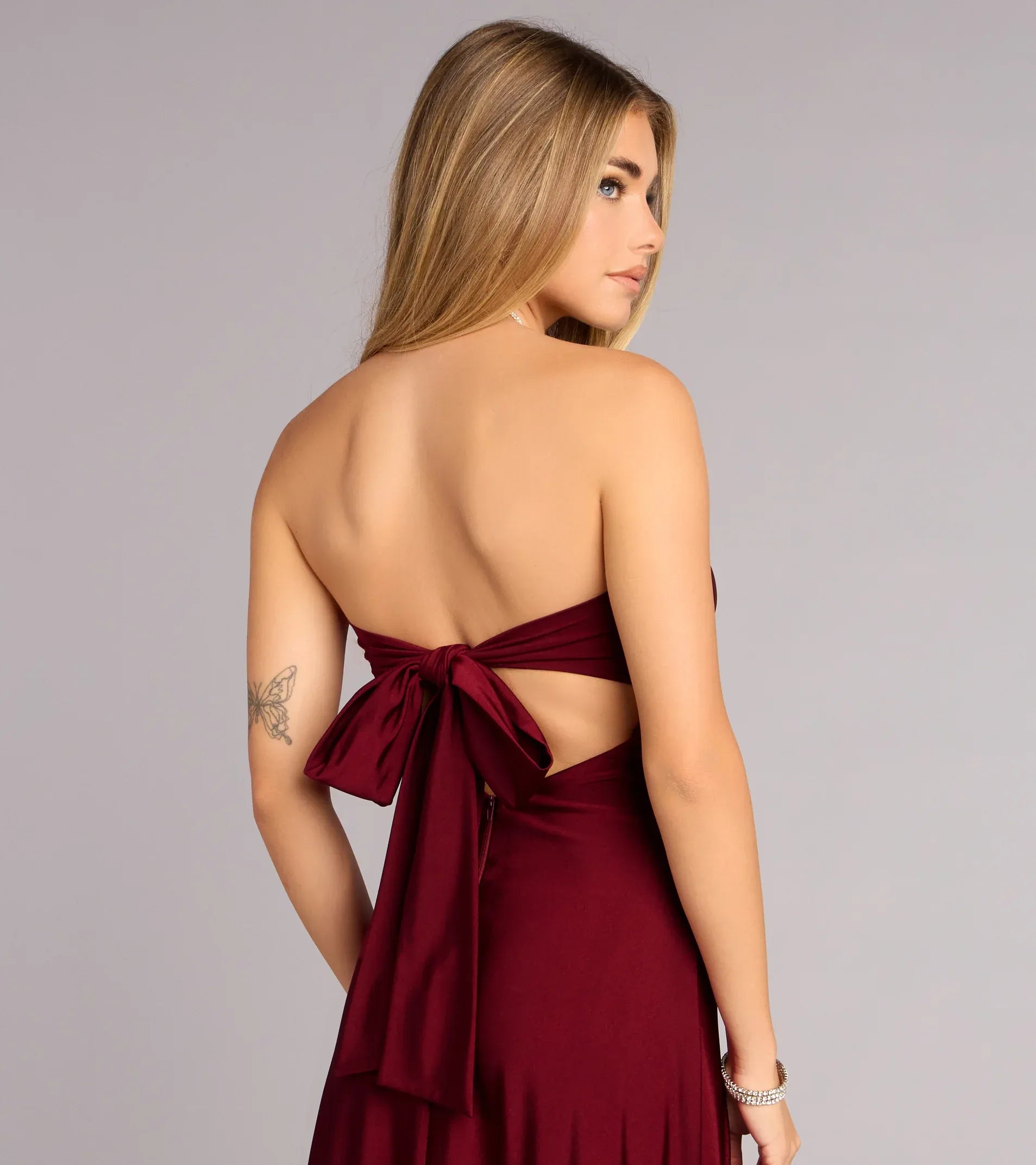 Burgundy Strapless Twist Bust Bow Tie Back High Slit Satin Mermaid Maxi Wedding Guest Dress