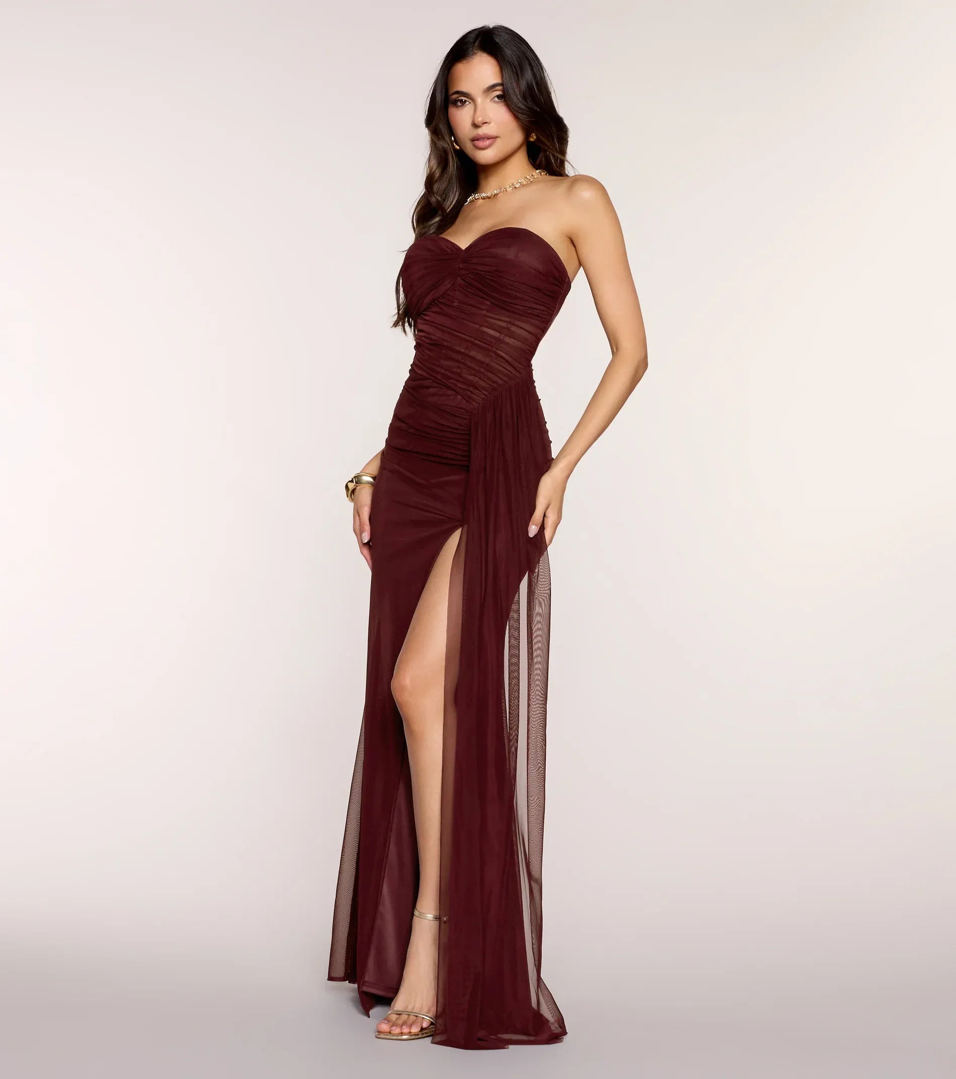 Burgundy Strapless Twist Bust Ruched Mesh High Slit Mermaid Wedding Guest Dresses