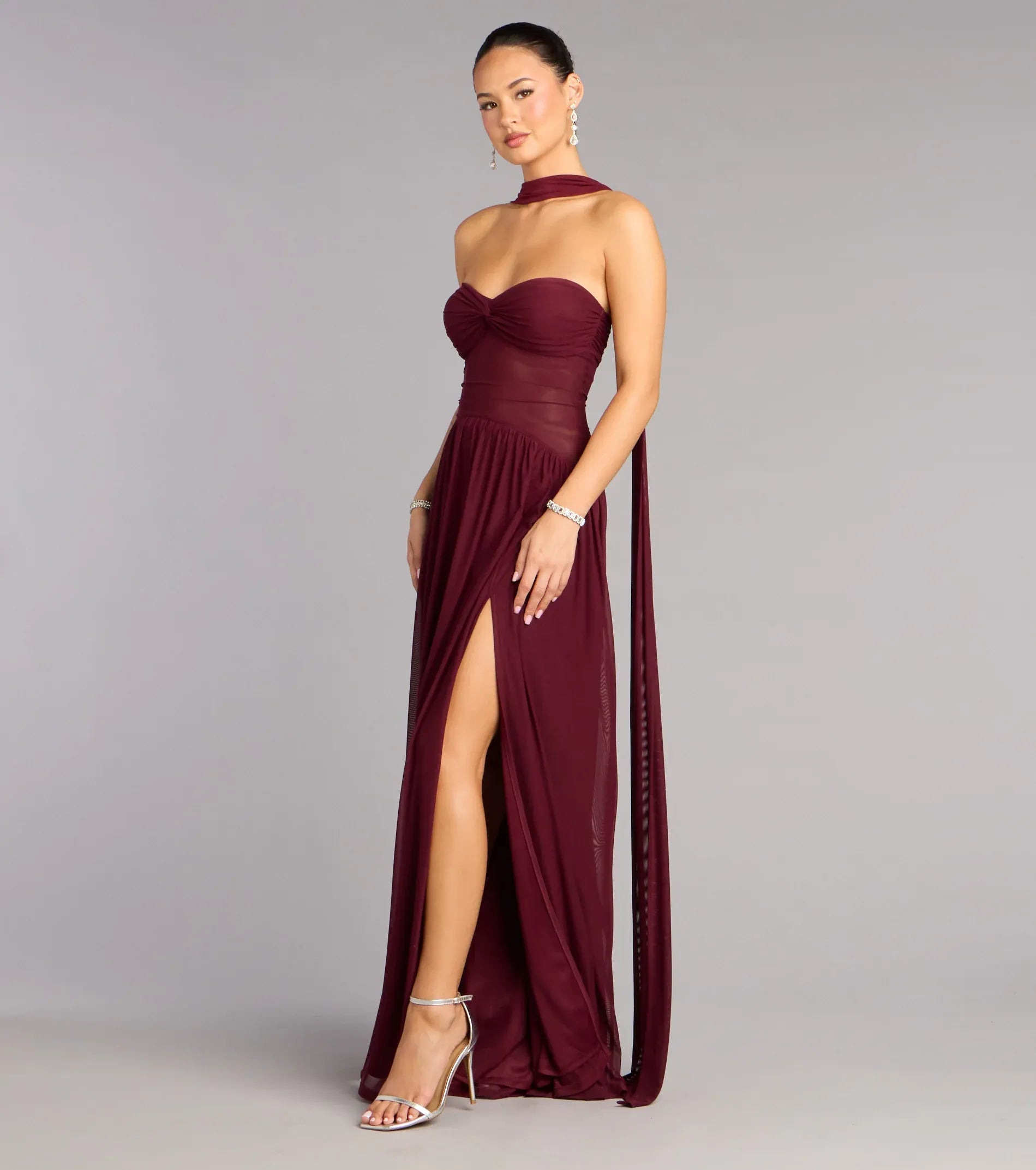 Burgundy Strapless Twist Chiffon High Slit Maxi Wedding Guest Dress