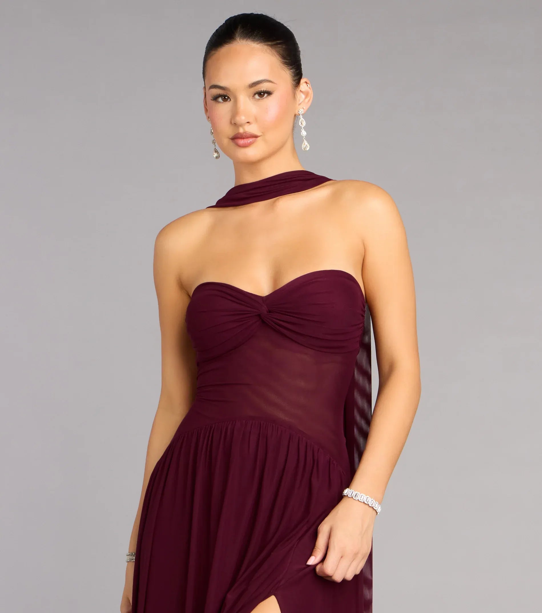 Burgundy Strapless Twist Chiffon High Slit Maxi Wedding Guest Dress