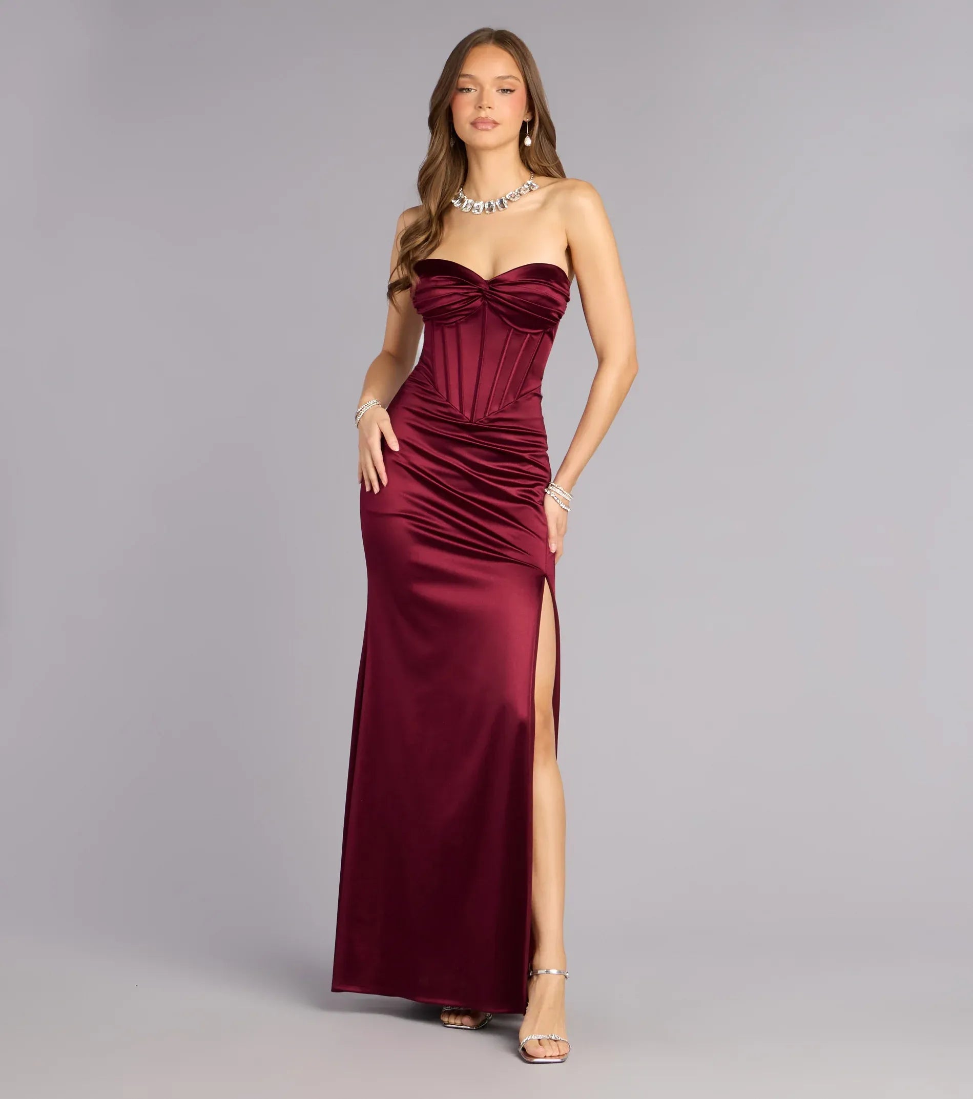 Burgundy Strapless Twist Sweetheart Corset Ruched High Slit Satin Mermaid Maxi Wedding Guest Dress