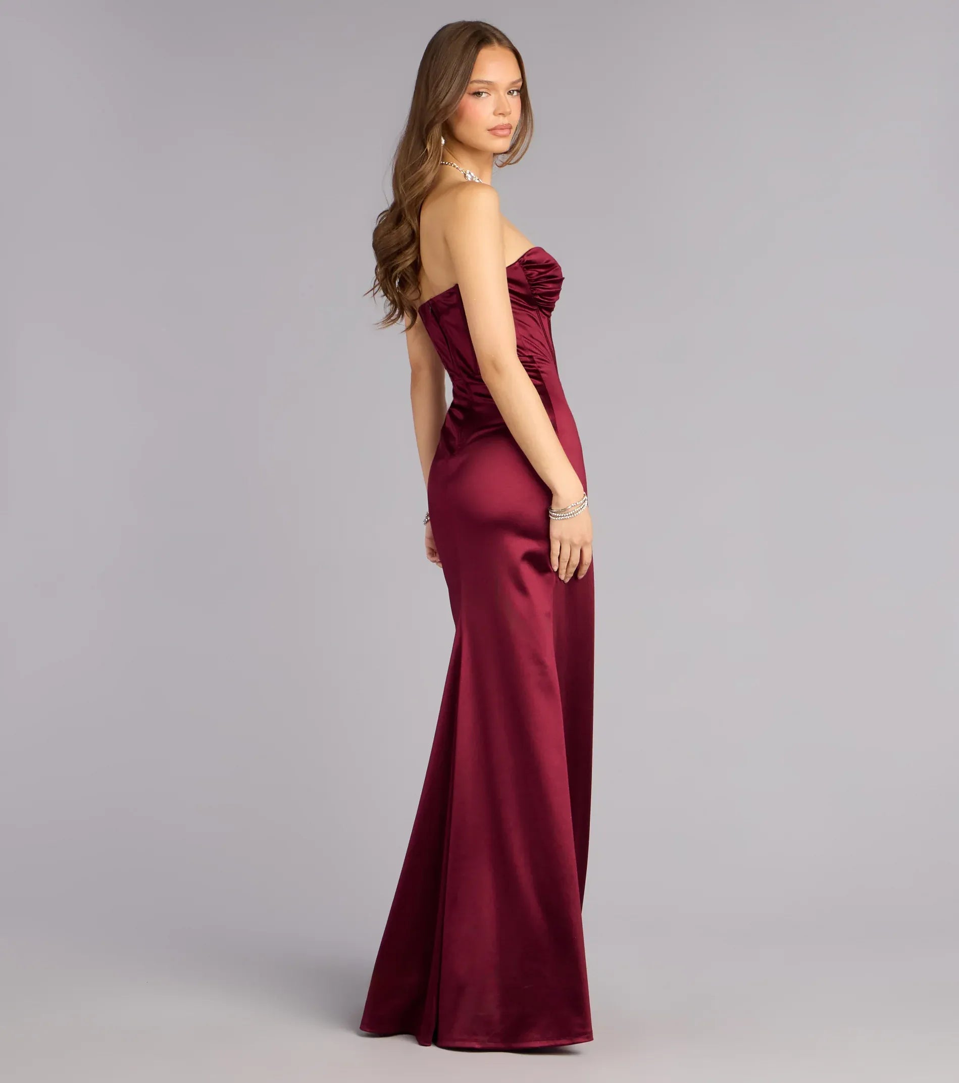 Burgundy Strapless Twist Sweetheart Corset Ruched High Slit Satin Mermaid Maxi Wedding Guest Dress