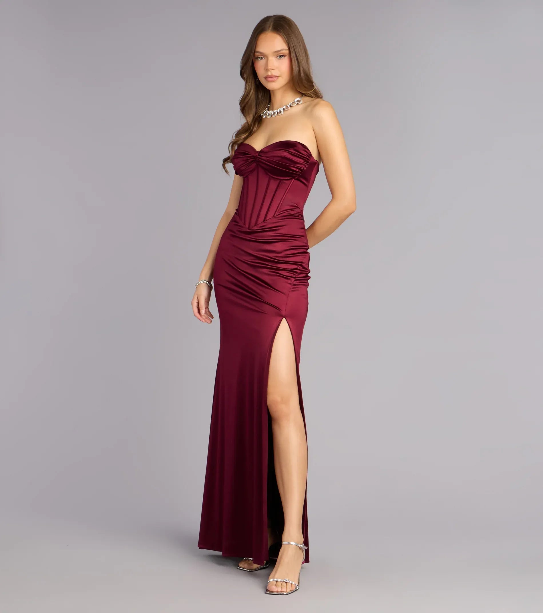 Burgundy Strapless Twist Sweetheart Corset Ruched High Slit Satin Mermaid Maxi Wedding Guest Dress