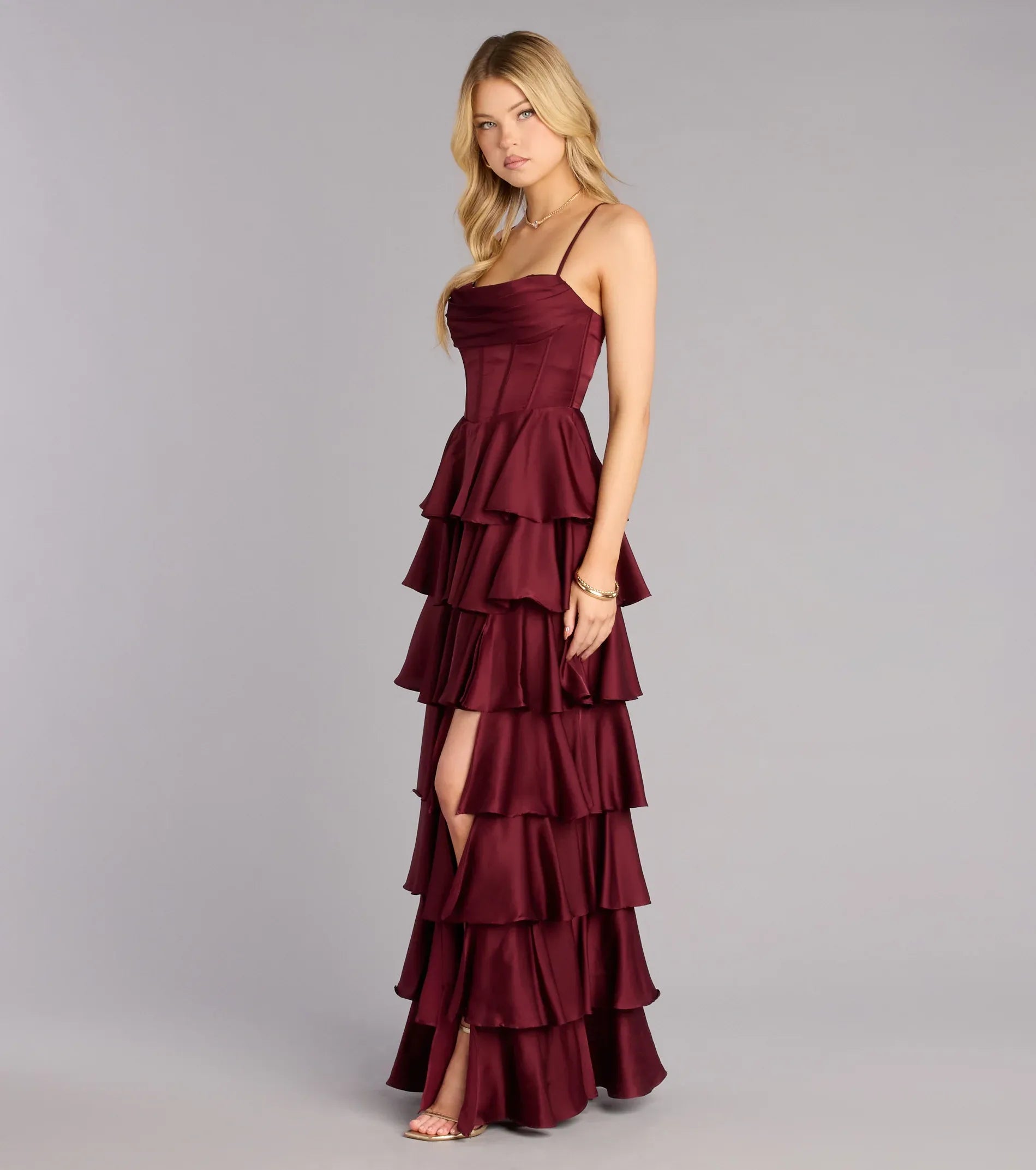 Burgundy Thin Spaghetti Strap Cowl Corset Tiered Ruffle Lace Up High Slit Maxi Wedding Guest Dress