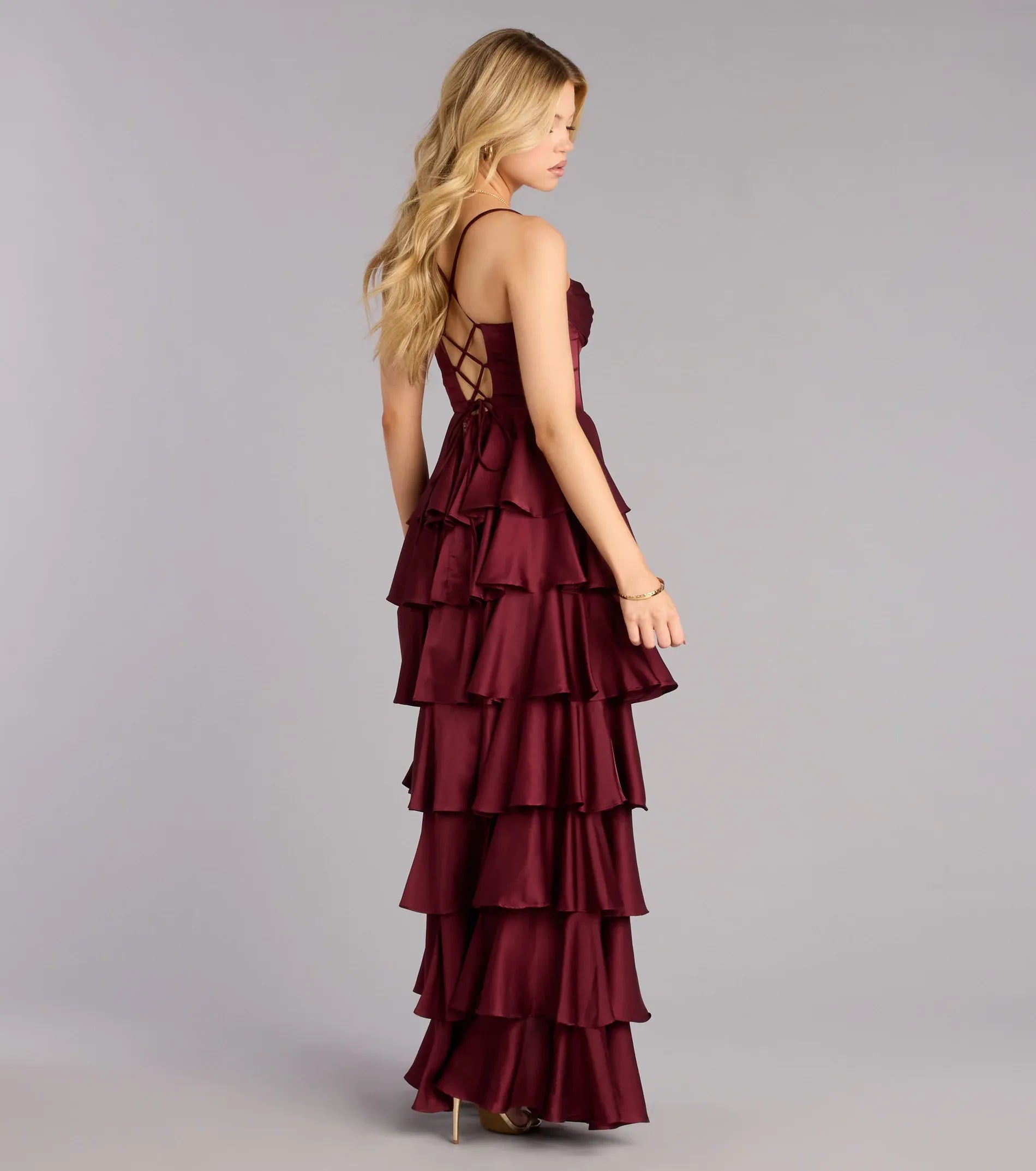 Burgundy Thin Spaghetti Strap Cowl Corset Tiered Ruffle Lace Up High Slit Maxi Wedding Guest Dress