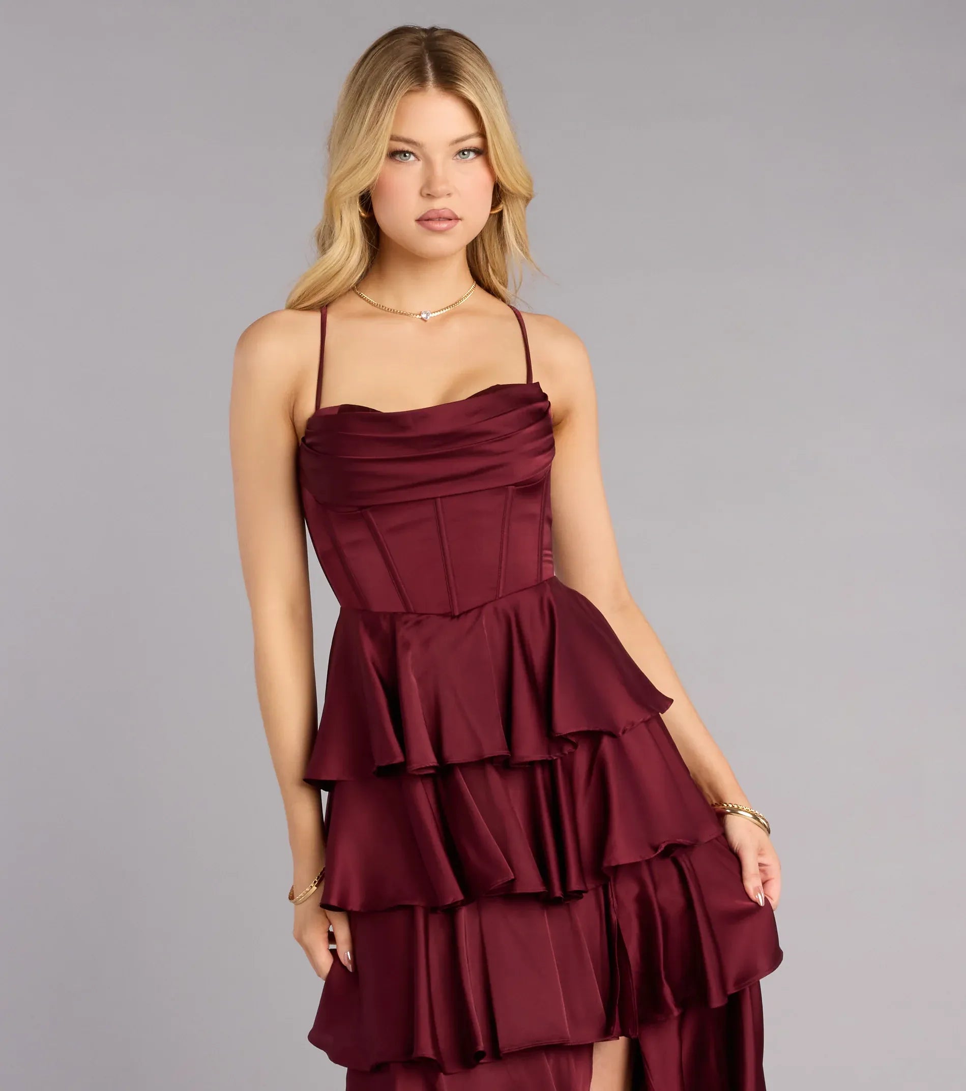 Burgundy Thin Spaghetti Strap Cowl Corset Tiered Ruffle Lace Up High Slit Maxi Wedding Guest Dress