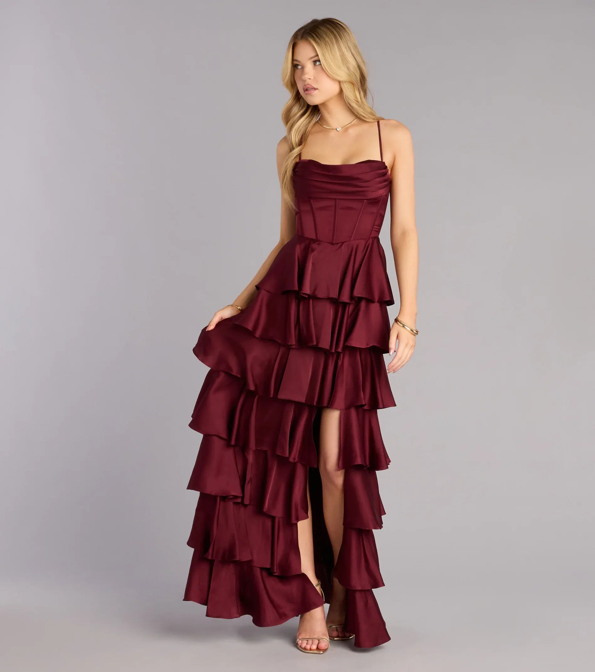 Burgundy Thin Spaghetti Strap Cowl Corset Tiered Ruffle Lace Up High Slit Maxi Wedding Guest Dress