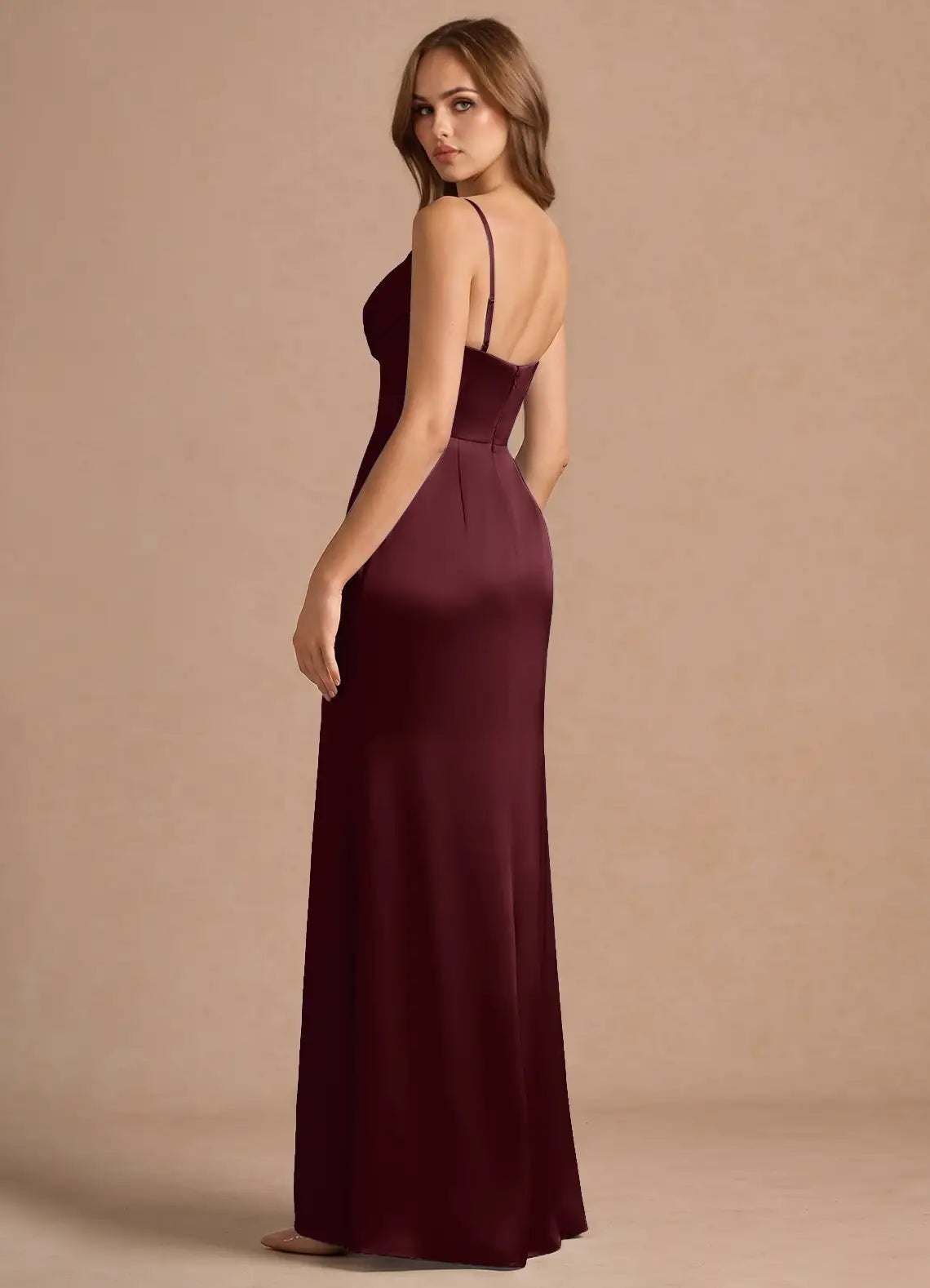 Burgundy Thin Spaghetti Strap Cowl Neck Mermaid Satin Maxi Bridesmaid Dress