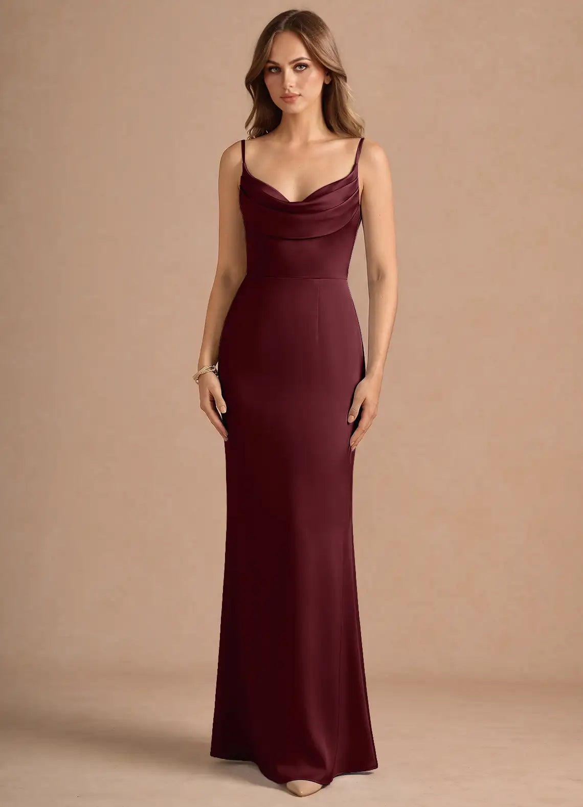 Burgundy Thin Spaghetti Strap Cowl Neck Mermaid Satin Maxi Bridesmaid Dress