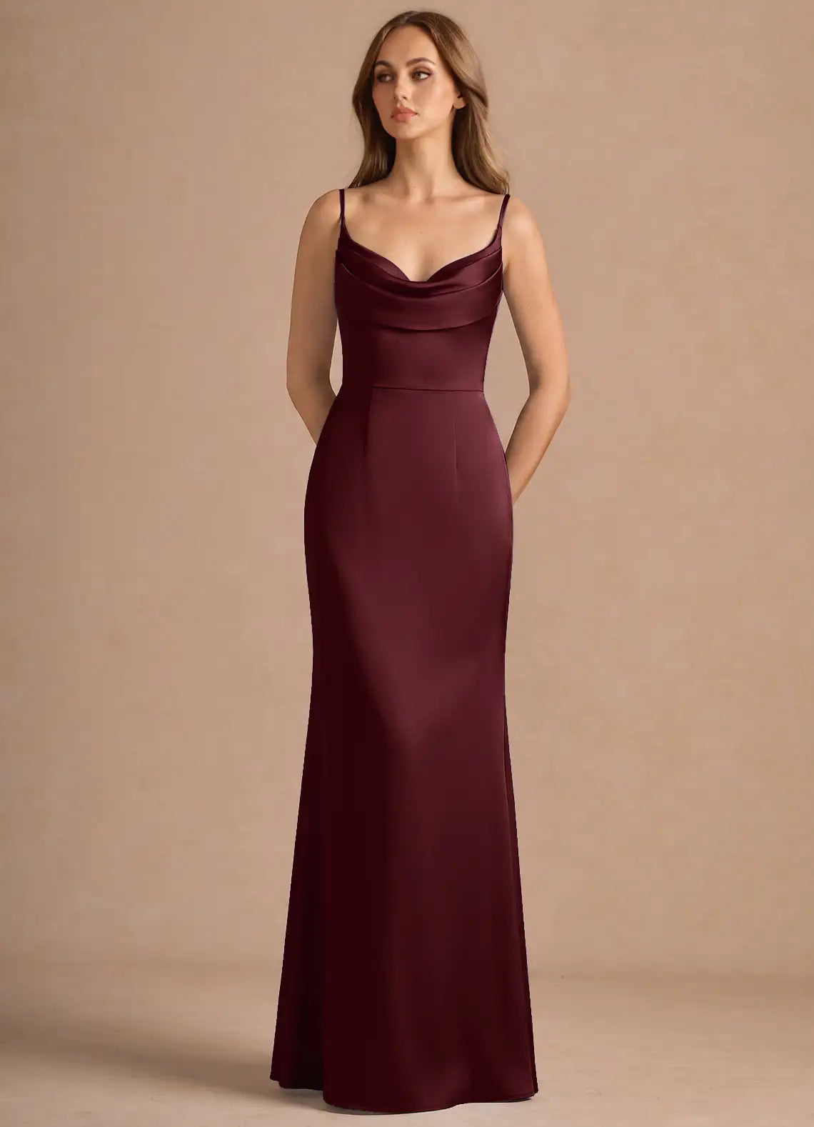 Burgundy Thin Spaghetti Strap Cowl Neck Mermaid Satin Maxi Bridesmaid Dress