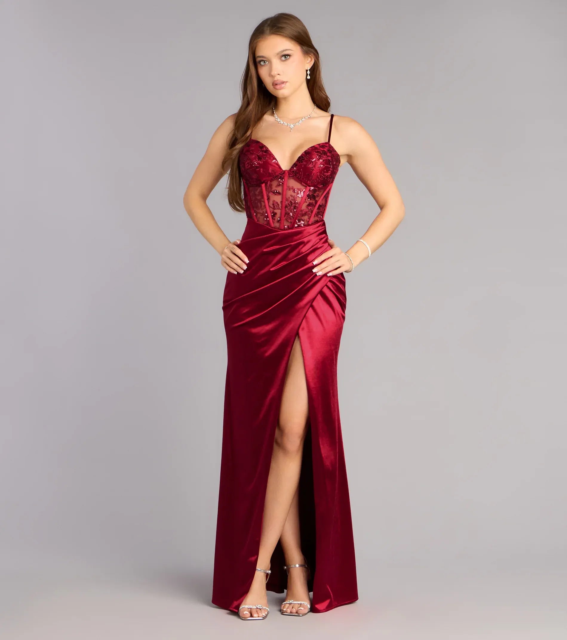 Burgundy Thin Spaghetti Strap Lace Corset Ruched Wrap High Slit Satin Mermaid Maxi Wedding Guest Dress