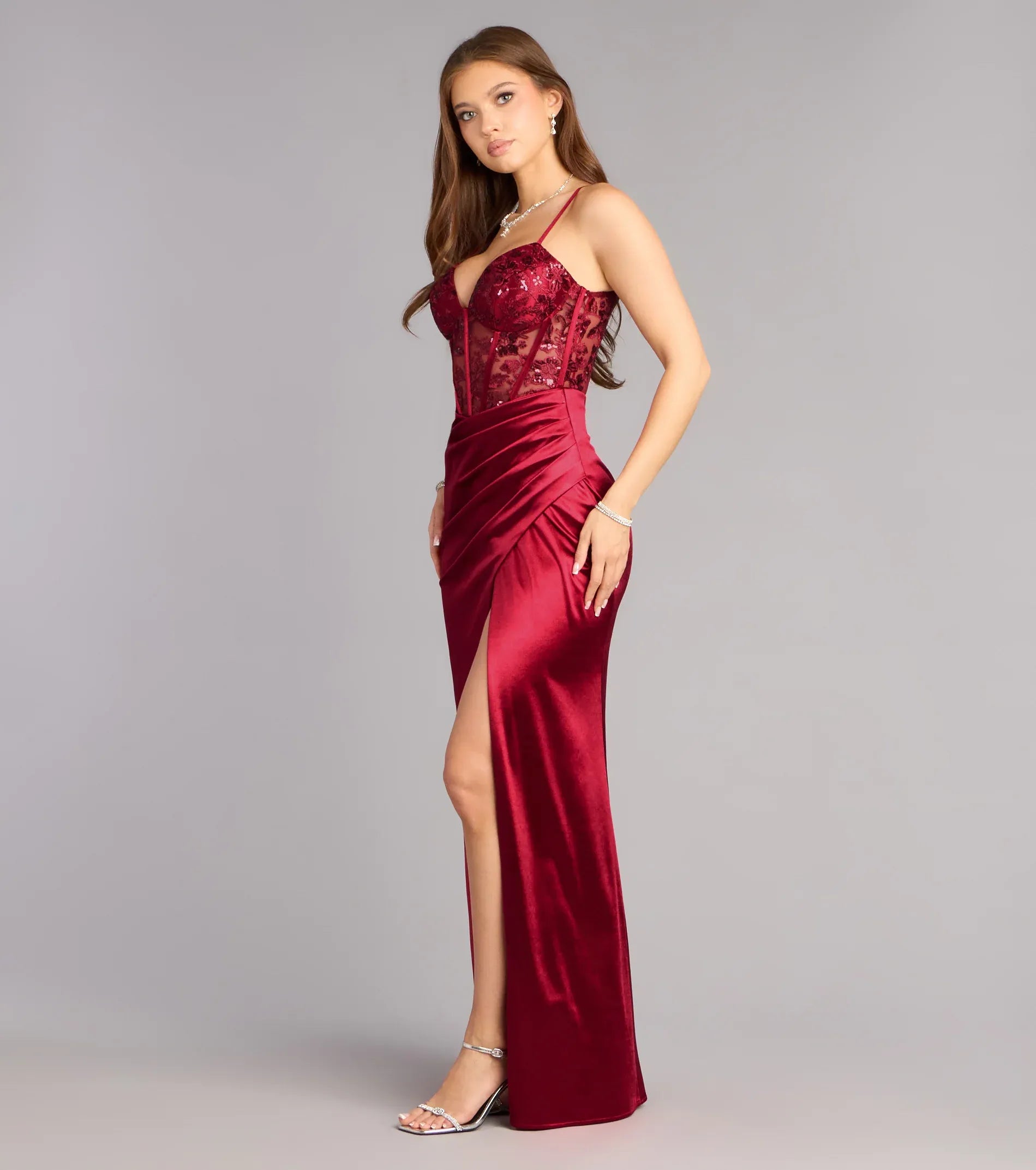 Burgundy Thin Spaghetti Strap Lace Corset Ruched Wrap High Slit Satin Mermaid Maxi Wedding Guest Dress